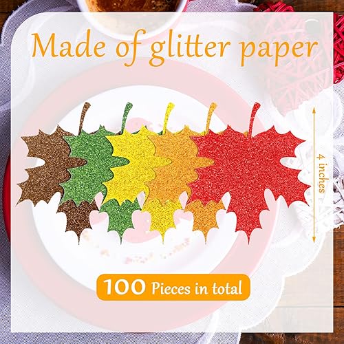 Miniatura 7 de Recortes grandes de hojas de otoño con purpurina, hojas de papel con purpurina, confeti artificial, hojas de arce, hojas de otoño coloridas con