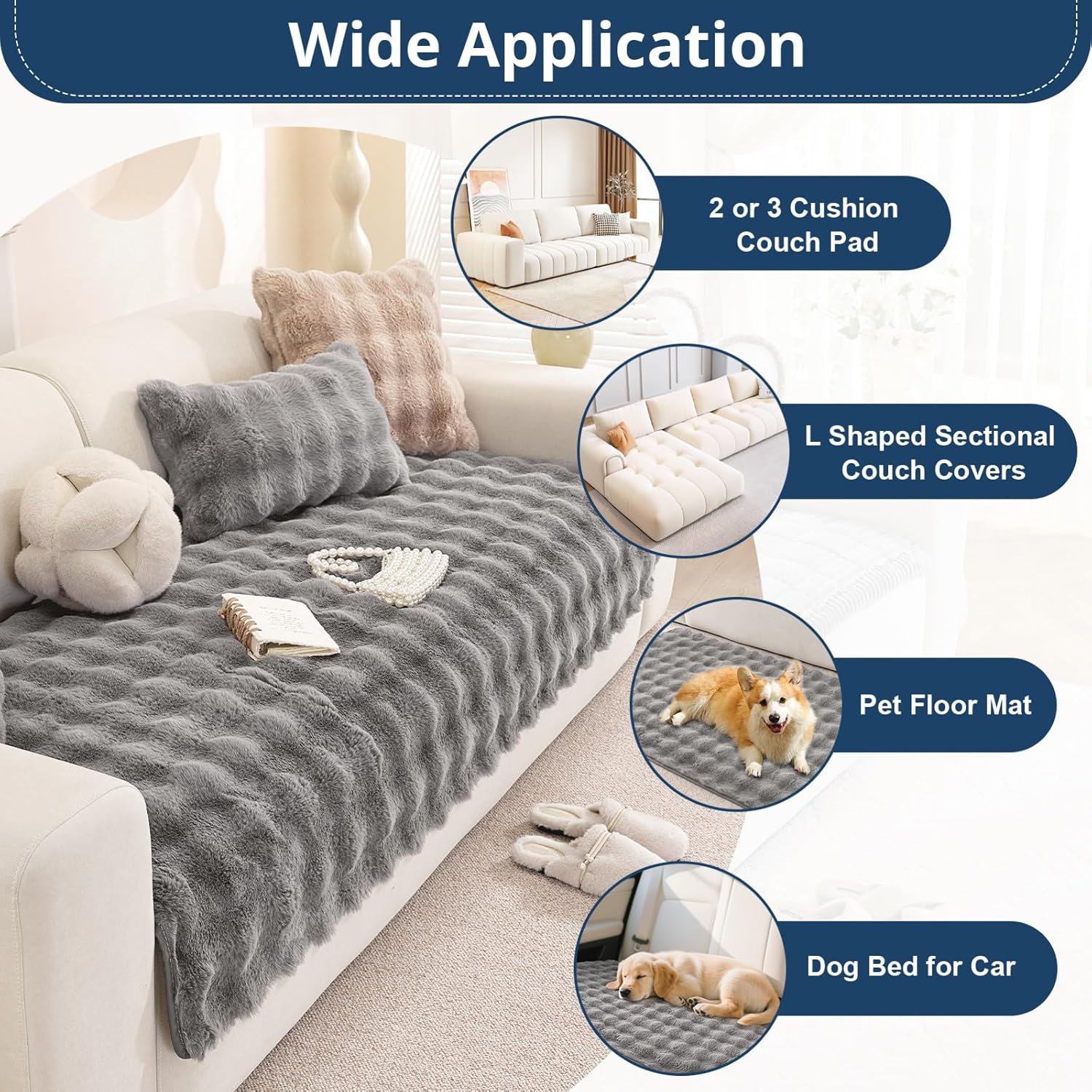 OstepDecor Faux Fur Couch Arm Covers, Fuzzy Soft Bubble Arm Chair Covers, Headrest Backrest Armrest Covers for Dogs Cats Pet Loveseat Recliner Leather L Shaped Sofa (2 Pack 35.4" x 35.4", Grey)