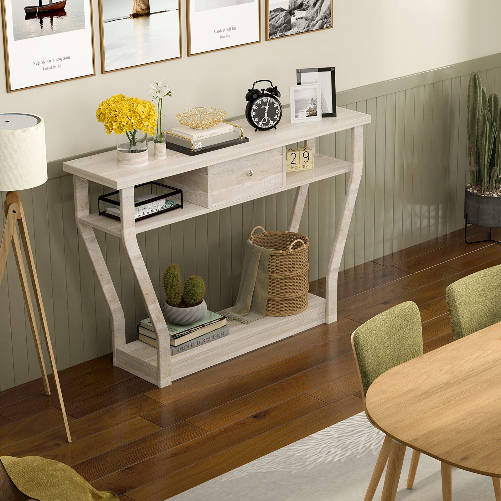 GIANTEX Mesa Consola Estrecha de Madera con Cajón, 120 x 30 x 81 cm, Mesa Auxiliar con Estante Inferior y 2 Estantes Abiertos Laterales, Mueble Recibidor para Entrada, Salón (Gris)