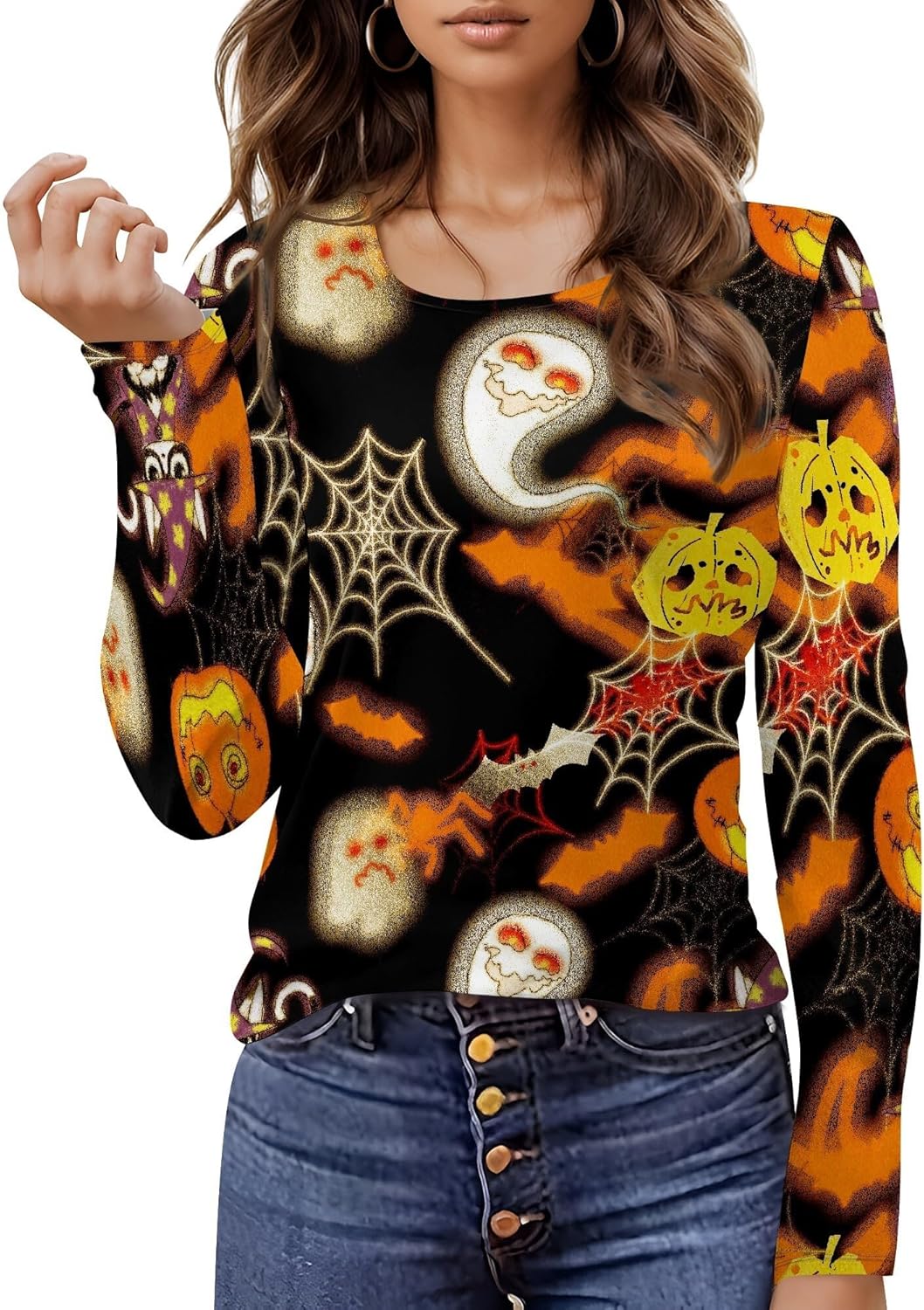 Halloween Sweatshirts For Women Cute Pullover Fall Long Sleeve Pullover U-Neck Halloween Crazy Party Club Clothes