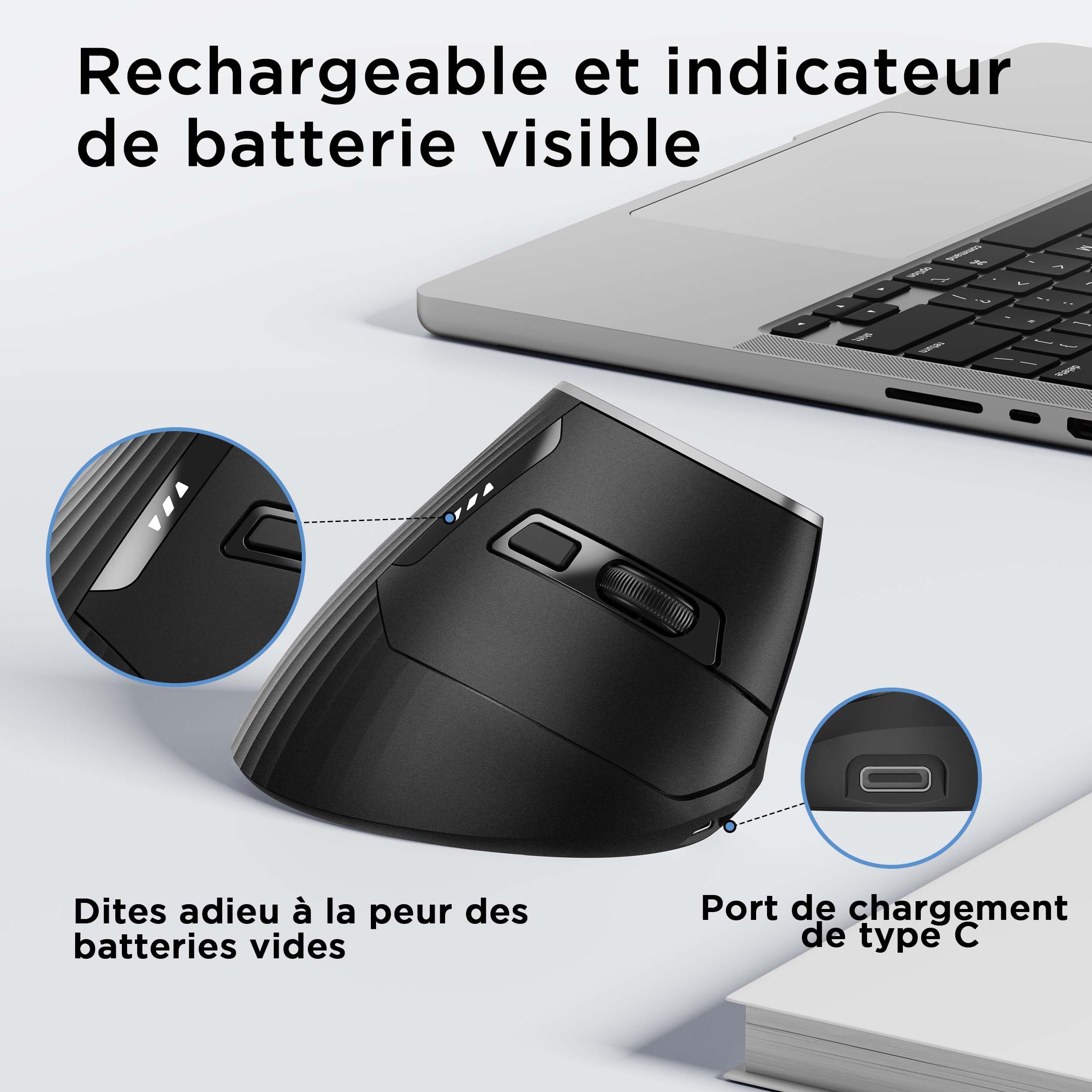 souris ergonomique sans fil, souris verticale 2,4G avec Indicateur de Batterie, DPI à 4 Niveaux, Confort et la Réduction de la Fatigue du Poignet, Idéale pour l'Usage à la Maison, Bureau, Noire