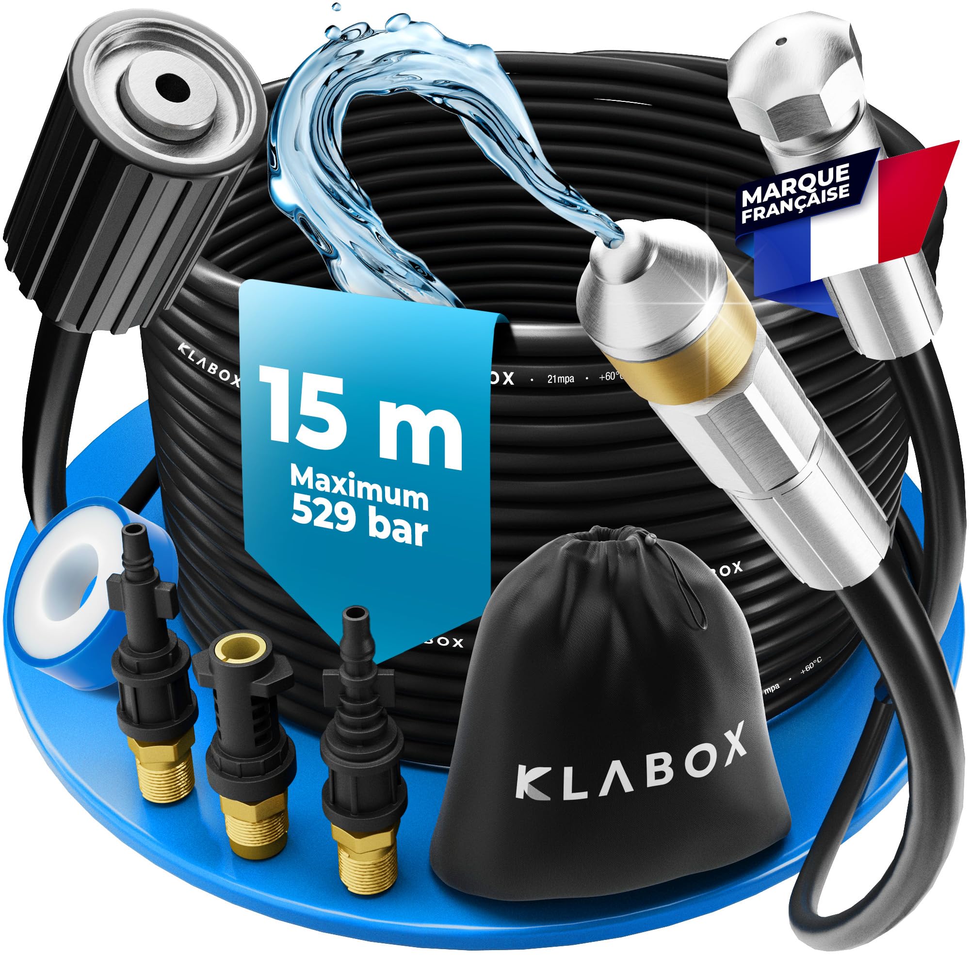 Deboucheur Canalisation Haute Pression 15m | Furet Karcher Compatible avec Karcher K2-K7, Lavor, Bosch, Parkside et d'Autres Marques | Inclut 3 Adaptateurs, 2 Buses, 1 Sac et 1 Ruban Téflon