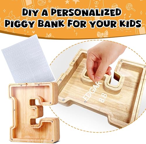 Miniatura 7 de UBeesize Alcancías grandes con letras del alfabeto inglés de veintiséis para niños y niñas, caja de dinero personalizada de madera, regalo de