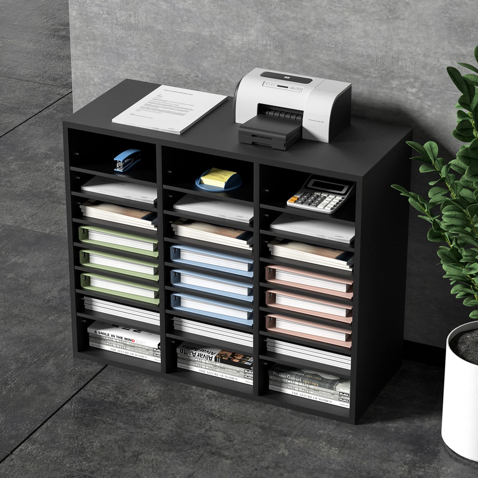 VEVOR Organizador de Literatura de madera Aglomerado Estante de Almacenamiento de Documentos de 24 Compartimentos 73,7x30,5x62 cm Clasificador de Literatura con Estantes Ajustables para Oficina, Negro