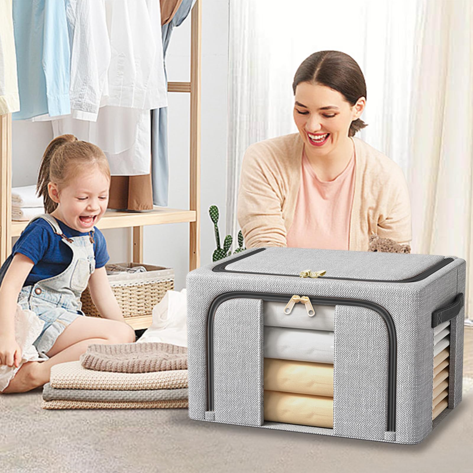 BOUDOI Clothes Storage Boxs With Lid,Large Storage Box With Double opening Zips Clear Windows,Foldable Oxford Cloth Steel Frame - Image 2