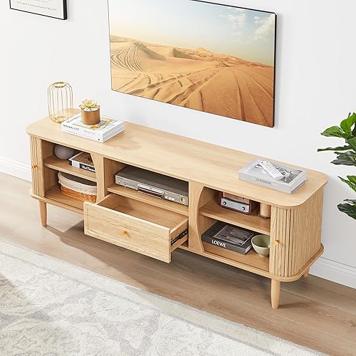 Miniatura 12 de Soporte de TV, mesa consola multimedia con puerta corredera y compartimento de almacenamiento, centro de entretenimiento moderno con almacenamiento