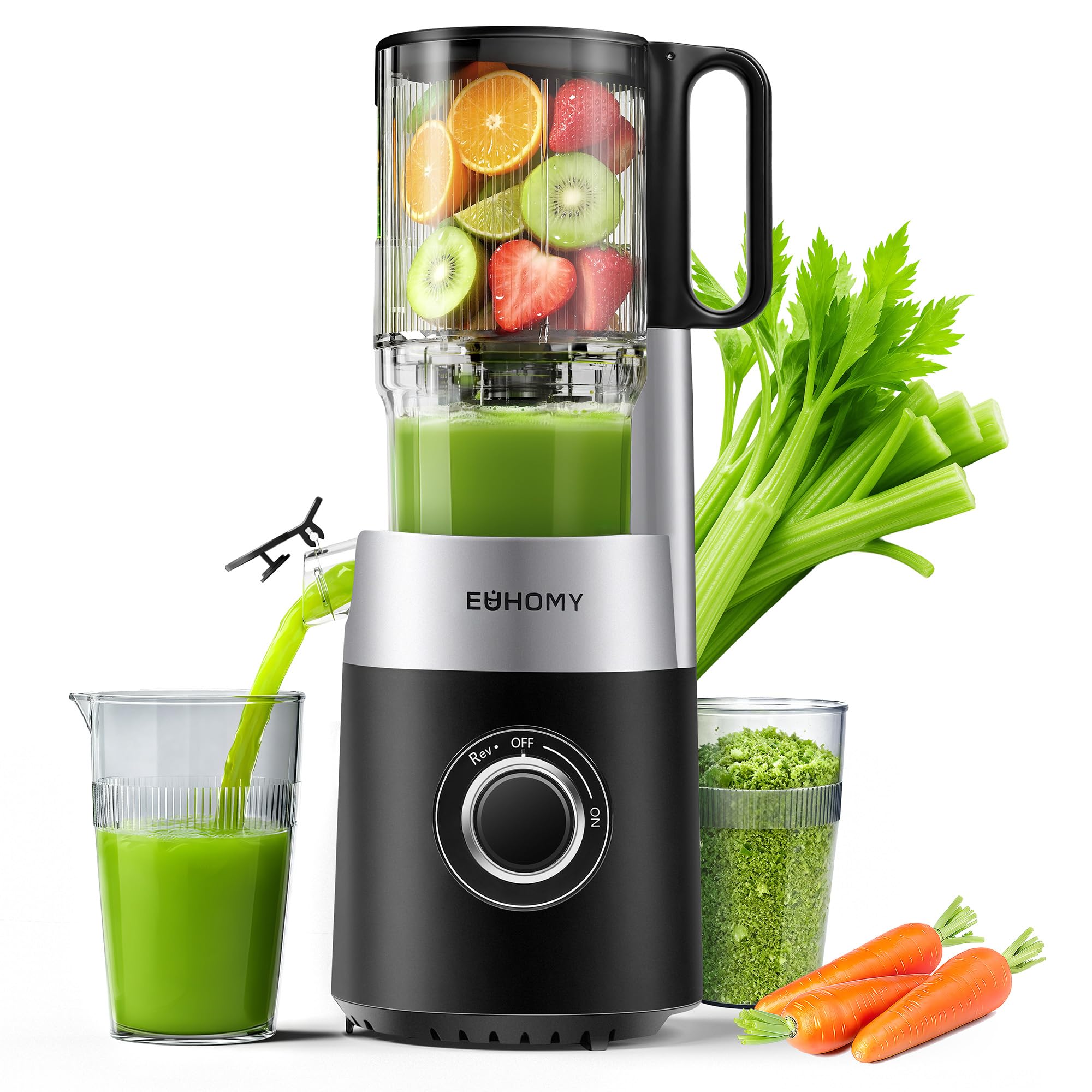 EUHOMY Entsafter, Slow Juicer für Ganze Gemüse und Obst, 135 mm großem Einfüllschacht 1,8 L Füllvolumen, Klingenkonstruktion aus Edelstahl- Leicht zu Reinigender Kaltpresse Saftpresse mit 2 Gläsern