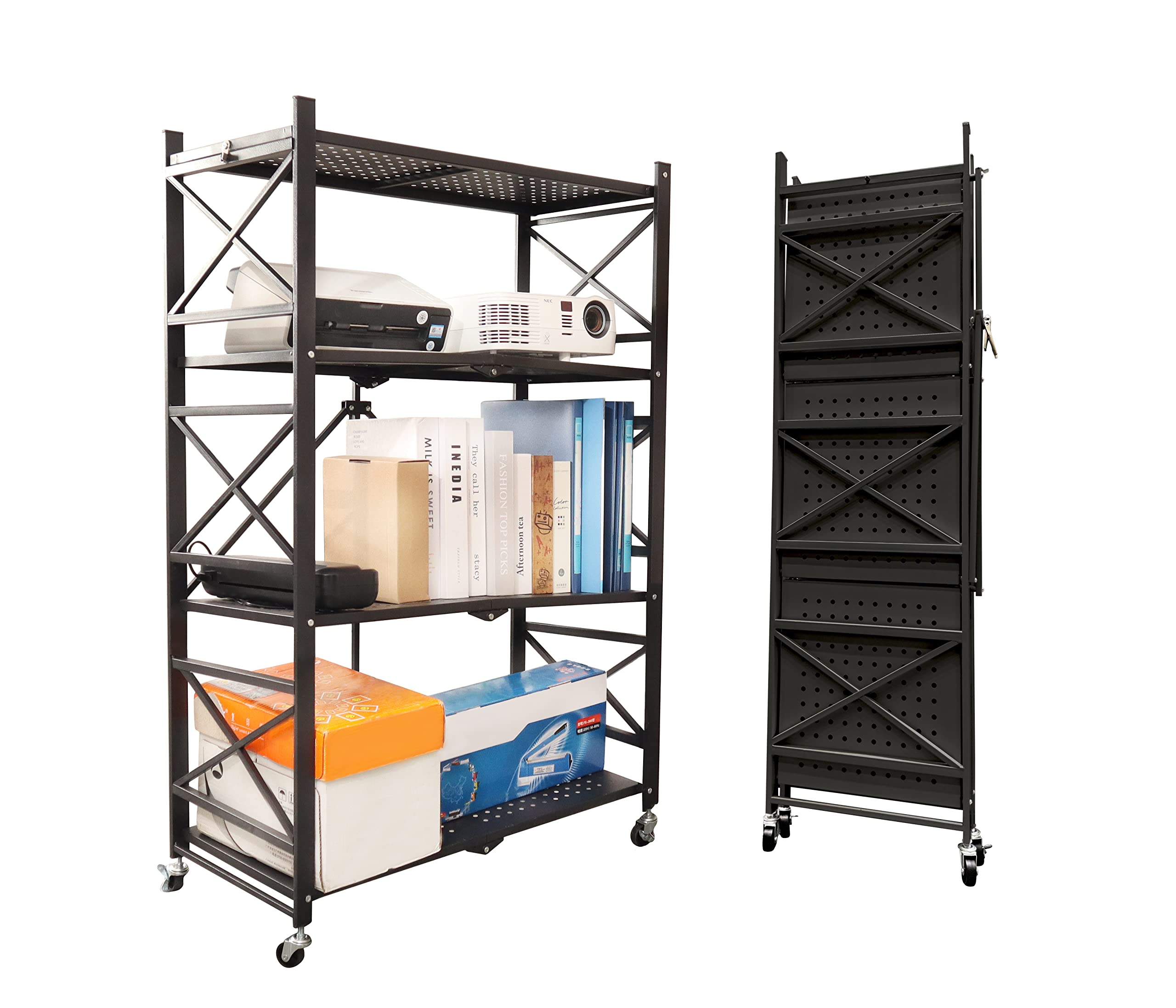 Photo 1 of Folding Shelf 4 Tier,Folding Bookshelf,Foldable Shelf,Metal Folding Storage Shelves with Wheels and Hook,Sturdy,No Assembly Folding Shelf Unit for Kitchen,Living Room,Study,Greenhouse(Black) Black 4-Tier
