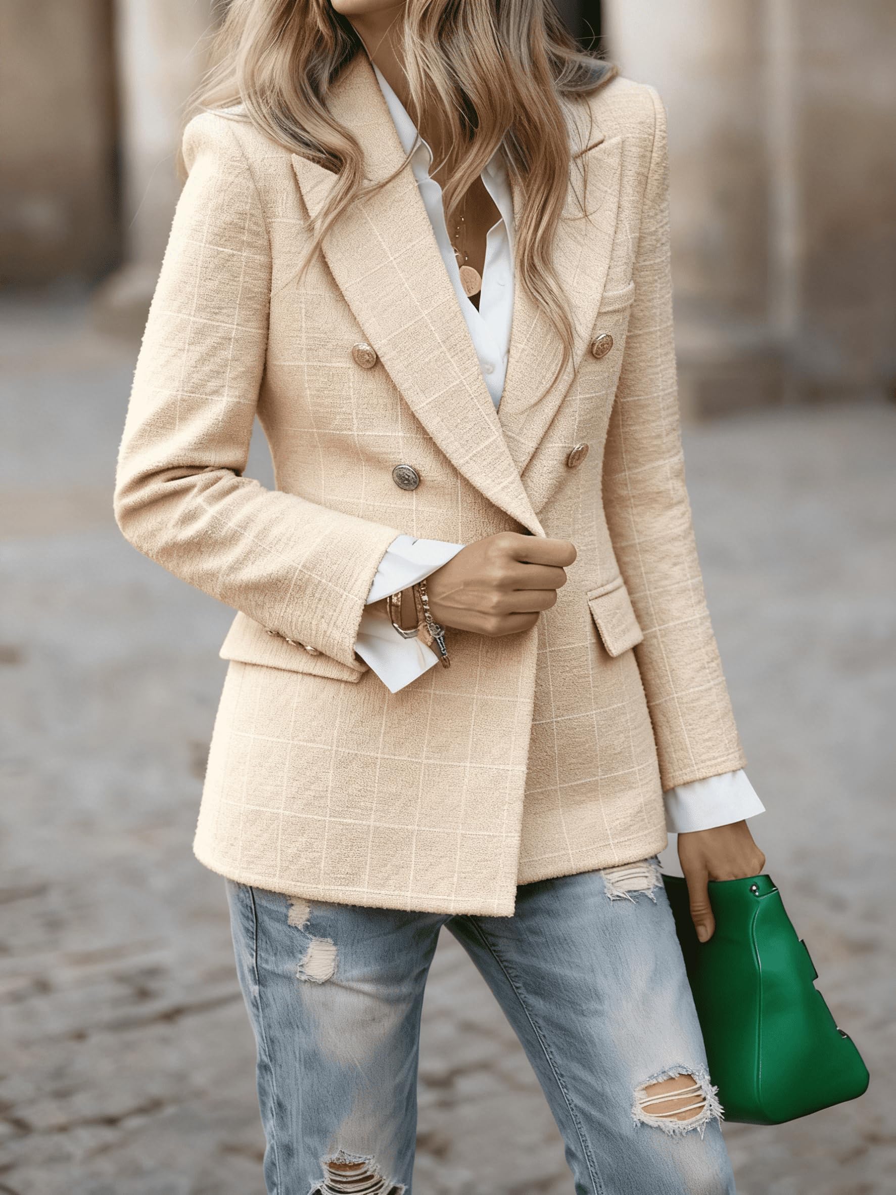 Blazer oversize vintage en tweed pour femme style printemps col cranté double boutonnage entièrement doublé, idéal pour le travail.