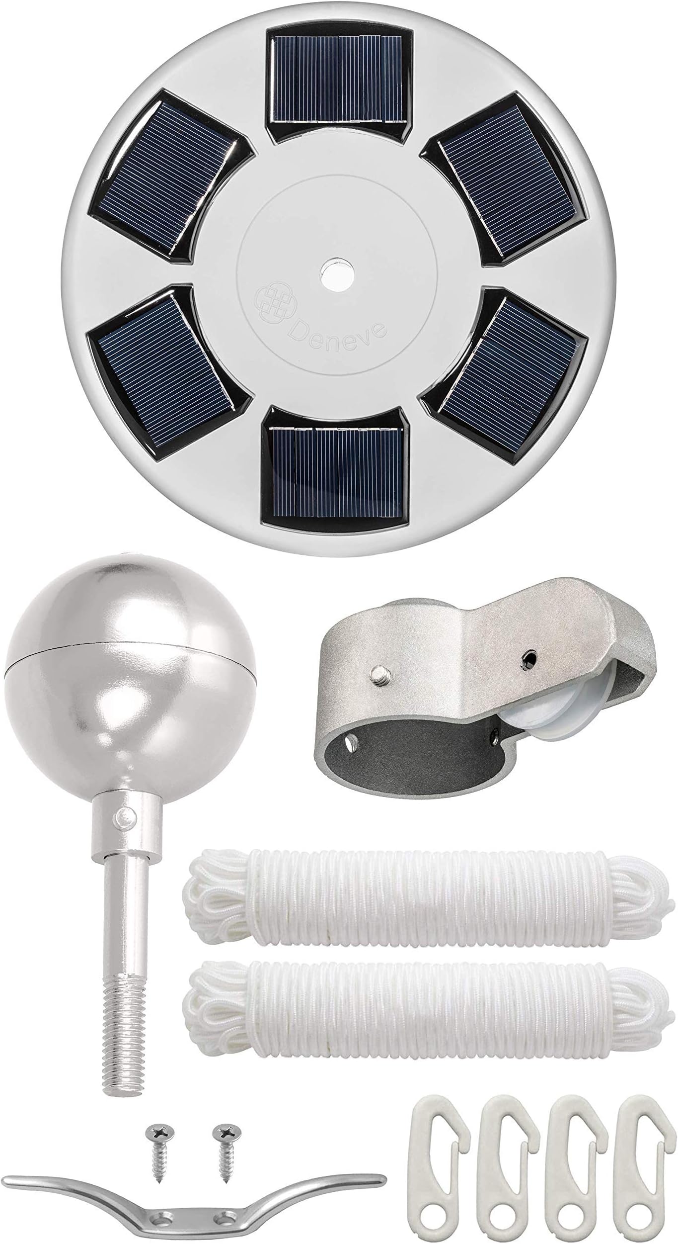 Silver Flagpole Parts Kit (No Pole or Flag) Includes: Standard Solar Flag Light | 3" Silver Topper Ball | Pulley Truck | 2 x 50 ft. Ropes | 4 Flag Clips | 4" Cleat Hook