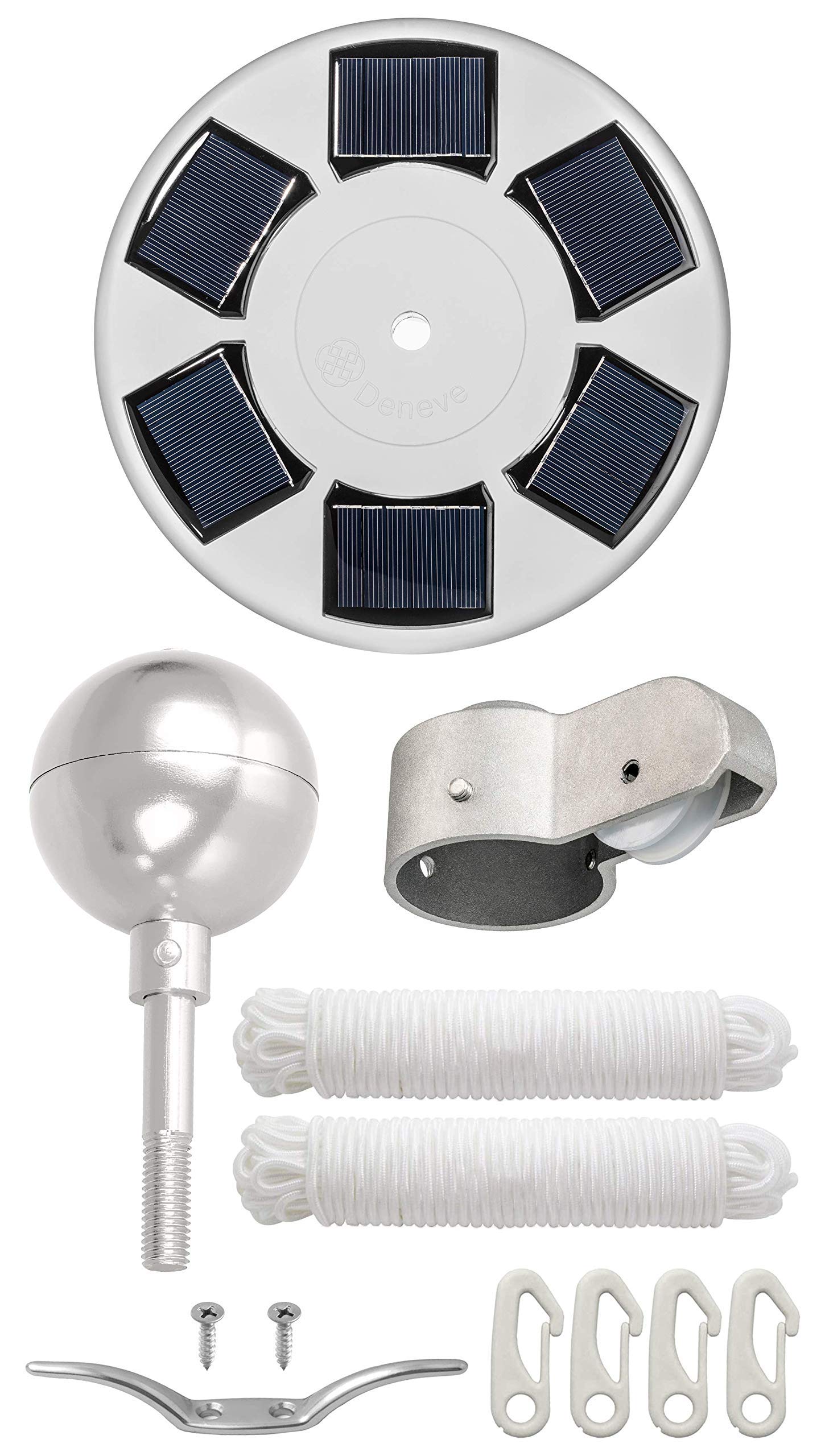 Silver Flagpole Parts Kit (No Pole or Flag) Includes: Standard Solar Flag Light | 3" Silver Topper Ball | Pulley Truck | 2 x 50 ft. Ropes | 4 Flag Clips | 4" Cleat Hook