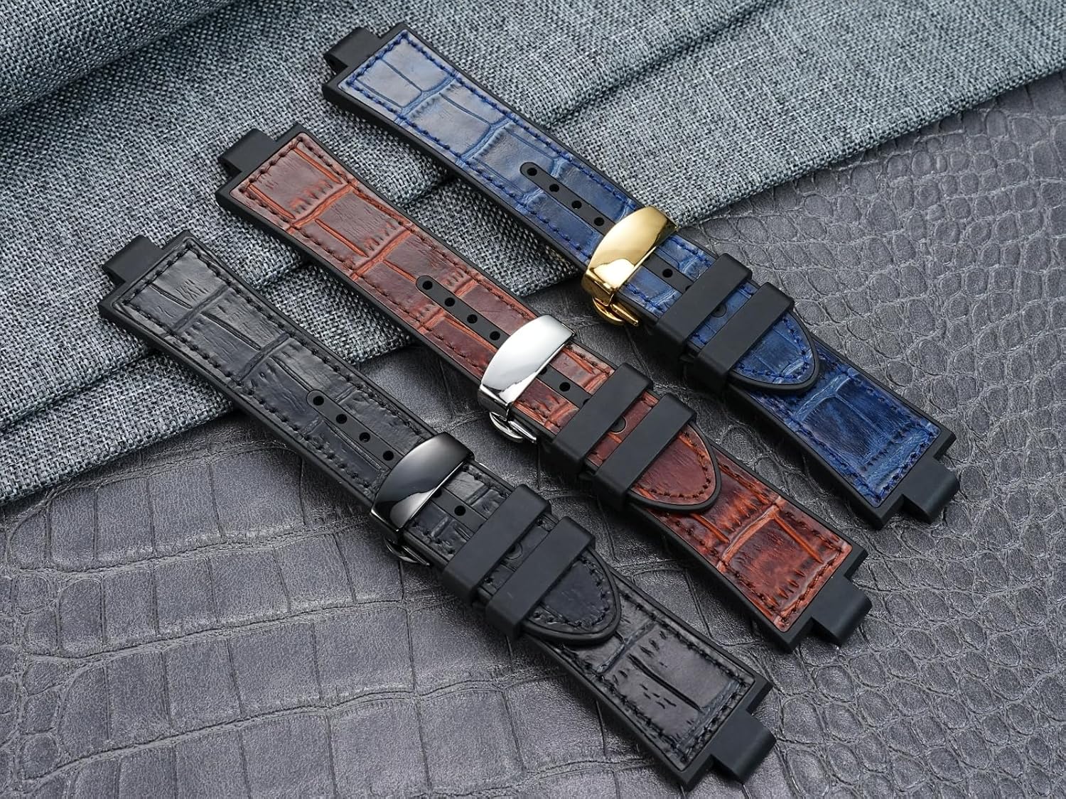 Compatible with Versace Sport VERB00118 Three-Eye Dial Genuine Leather with Fluororubber Bottom Strap, Raised-End Band Accessories - 24mm