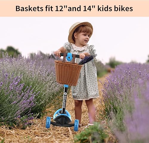 Miniatura 3 de isinwheel Cesta de bicicleta para niños con cinturones ajustables, mini manillar tejido de plástico hecho a mano, cesta de almacenamiento frontal,