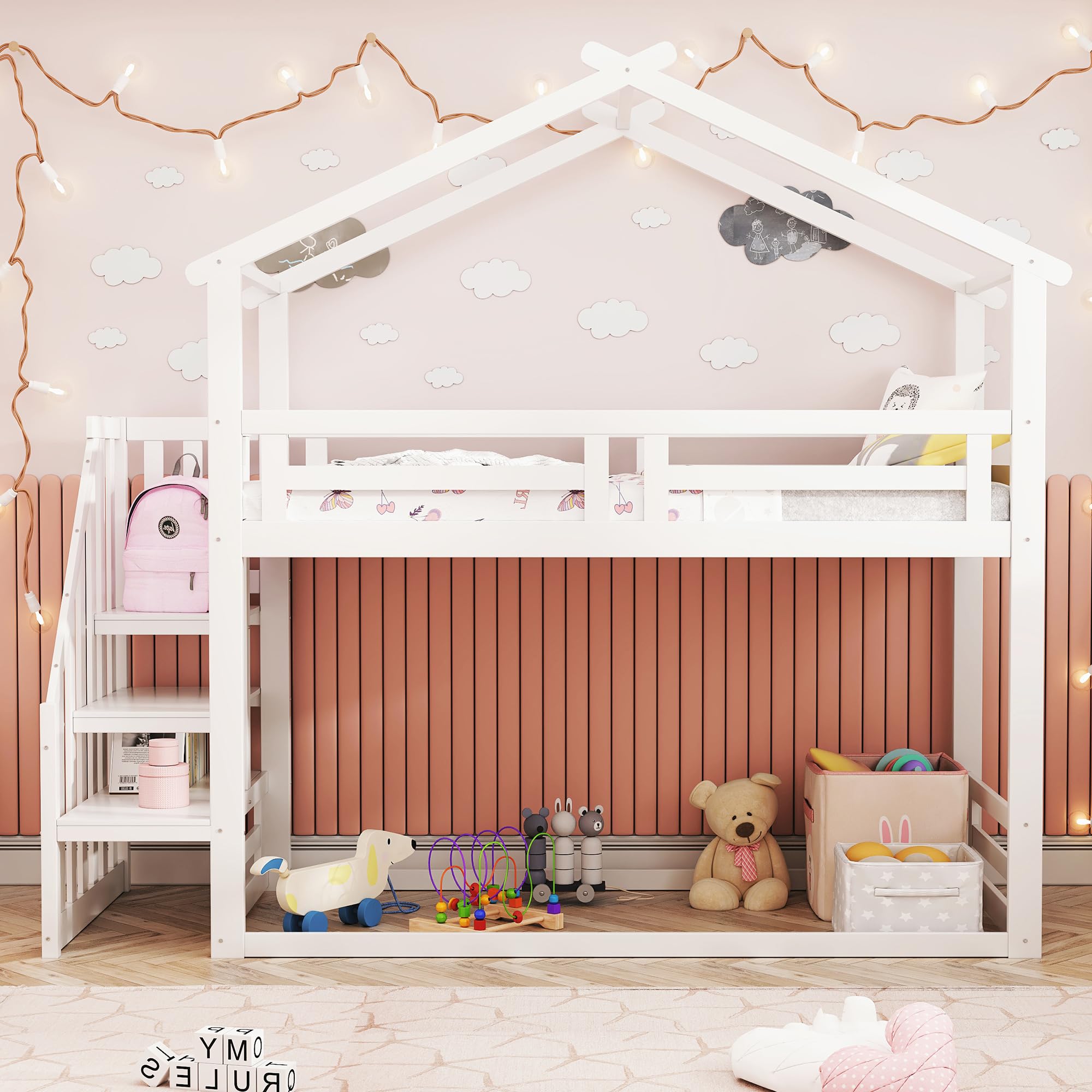 Lit Superposé Enfant 90x200 Cm En Bois Massif Avec Toit, échelle Et 3 Tiroirs - Gris/Blanc