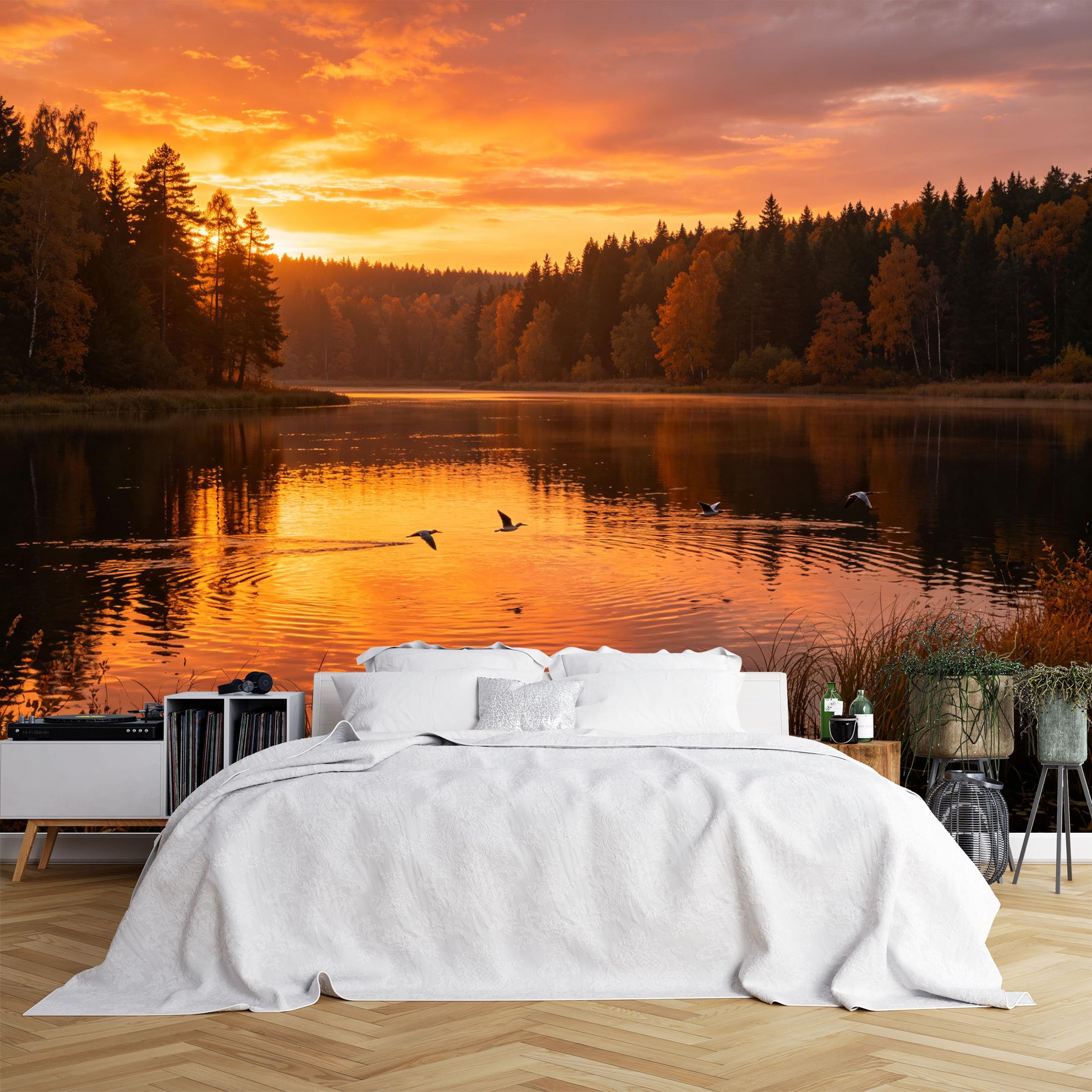 Lcythiazole Ch260615172 Custom Size Wall Murals Autumn Lake Sunset Forest Flying Birds Vivid Self-Adhesive Wall Fabric (No Pvc) Removable Wallpaper For Living Room Study