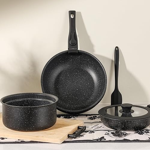 Miniatura 6 de Simple Deluxe Juego de 12 utensilios de cocina antiadherentes, con textura de granito negro y asas desmontables, resistentes a altas temperaturas,