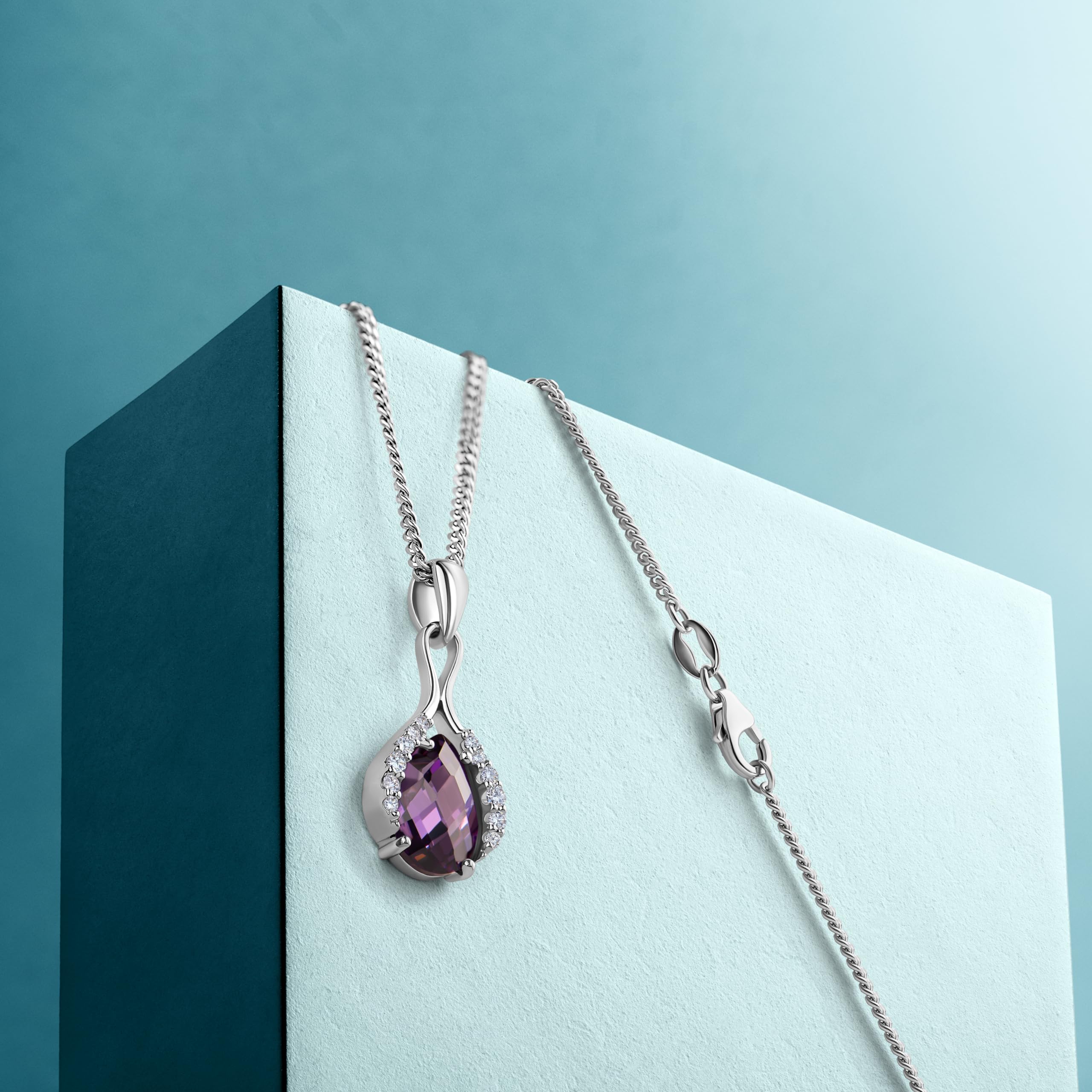 Miore Collana con Pendente da Donna in Argento 925 con Ametista e Zirconi, Taglio Brillante, 45 cm