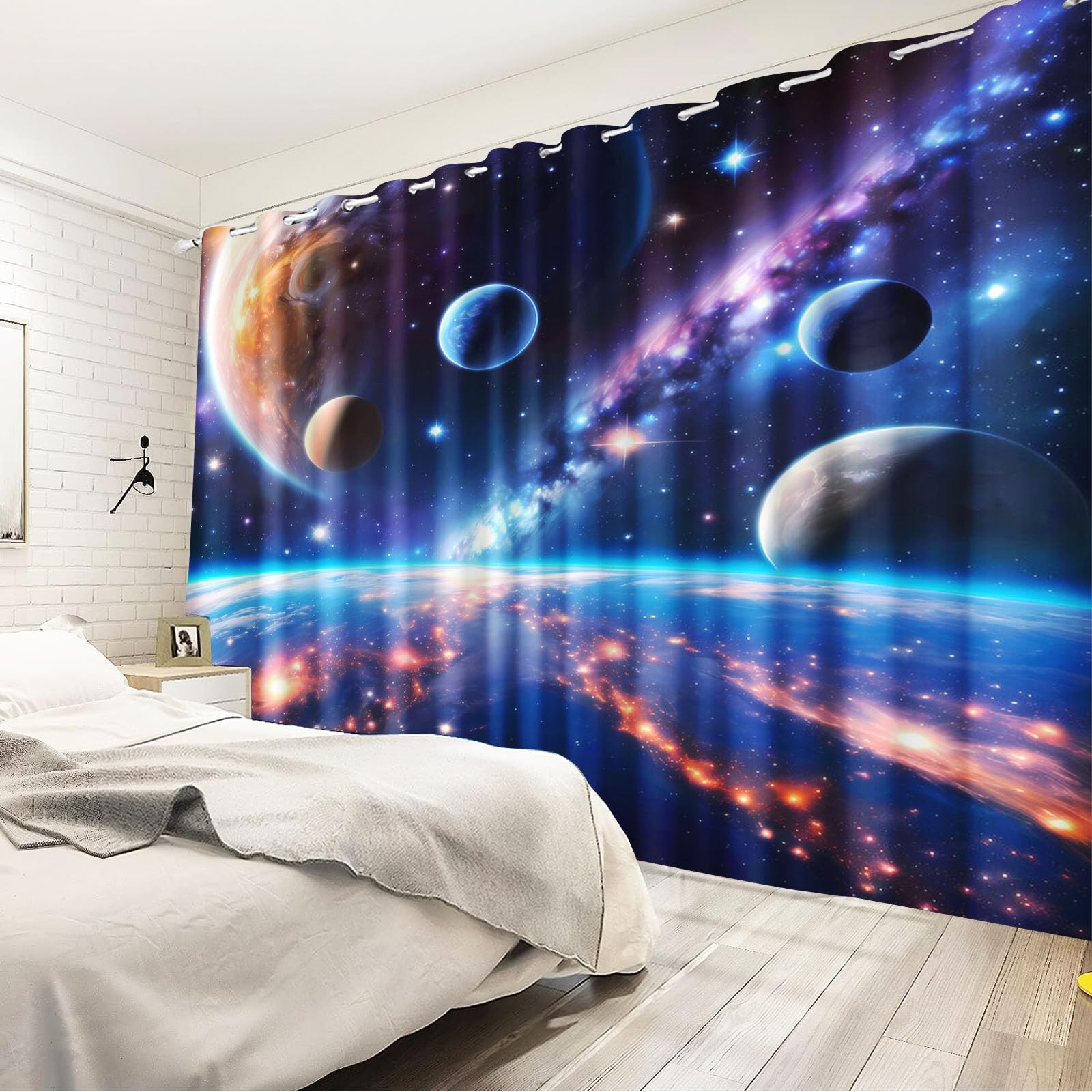 blickdichte Weltraum Vorhänge mit Ösen, Kinder 75x166 2 Stück | hautfreundlicher waschbarer Stoff mit bleichfestem Druck, Größe 150x166 cm