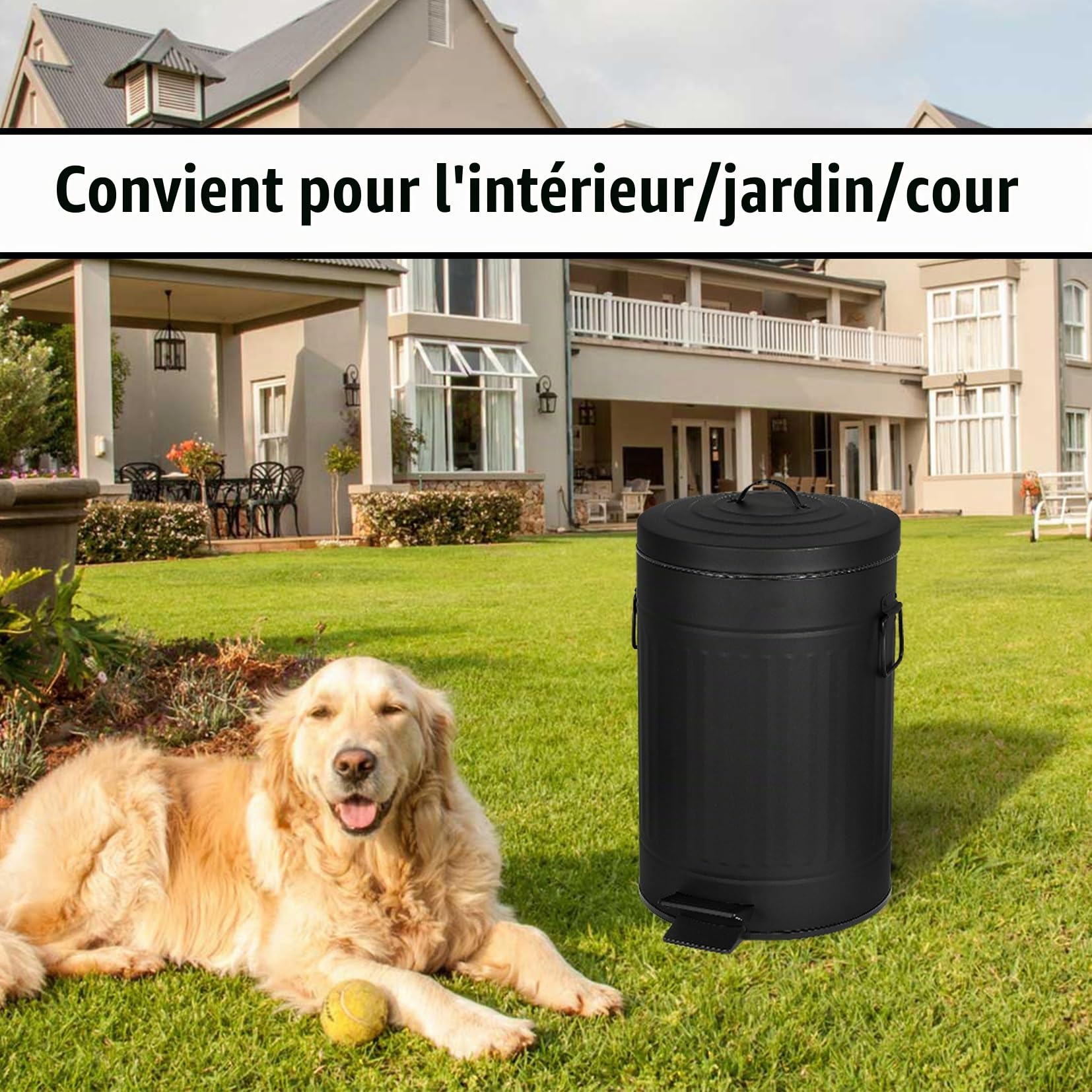 UP12L-BK-Y+90BK-New Poubelle à déjections canines avec couvercle pour l'extérieur avec filtre à charbon actif et sacs en plastique, 10 l