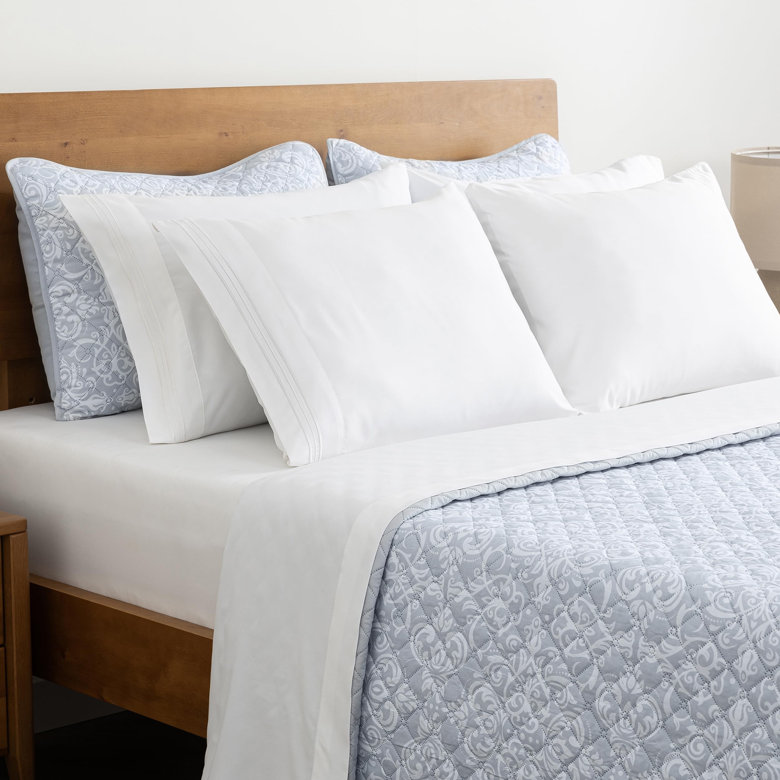 Mellanni Bedspread Coverlet Set + 6PC Sheets Set Bundle&Save - Iconic Collection Bedding - Bundle Includes: 3 Piece Oversized Quilt Set and 6 Piece Bed Sheet Set (Queen, Laced Sky Blue/White)