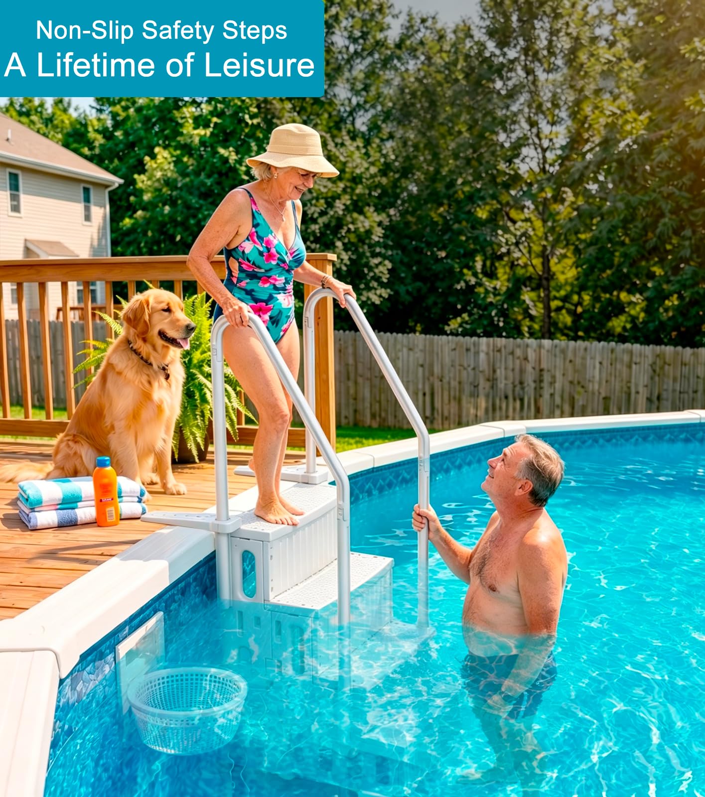 4-stufige Poolleiter mit Handläufen, Pooltreppe 122-142cm für Aufstell und Einbaupools mit utschfesten und robusten Stufen, 180 kg Tragkraft Höhenverstellbar für Schwimmbad, Freibad, Wasserpark