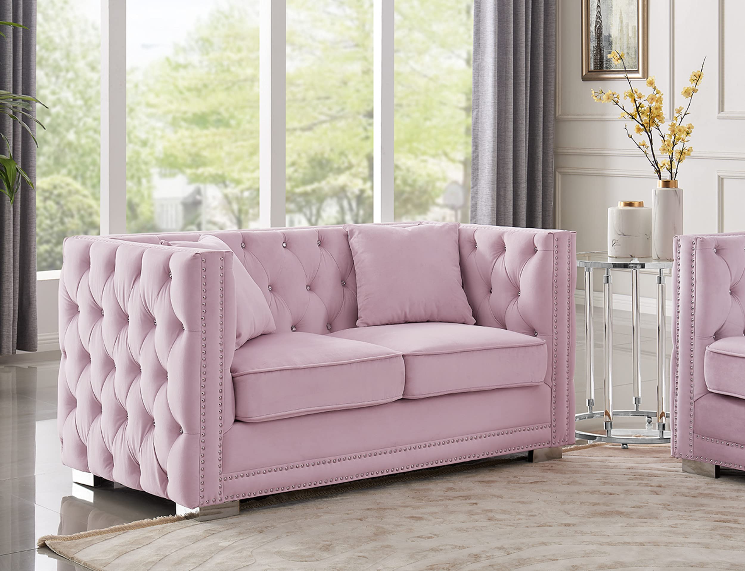 Christophe Love Seat Sofa Velvet Upholstered Button Tufted Nailhead Trim Shelter Arm Design Silver Tone Metal Block Legs Modern Transitional, Pink
