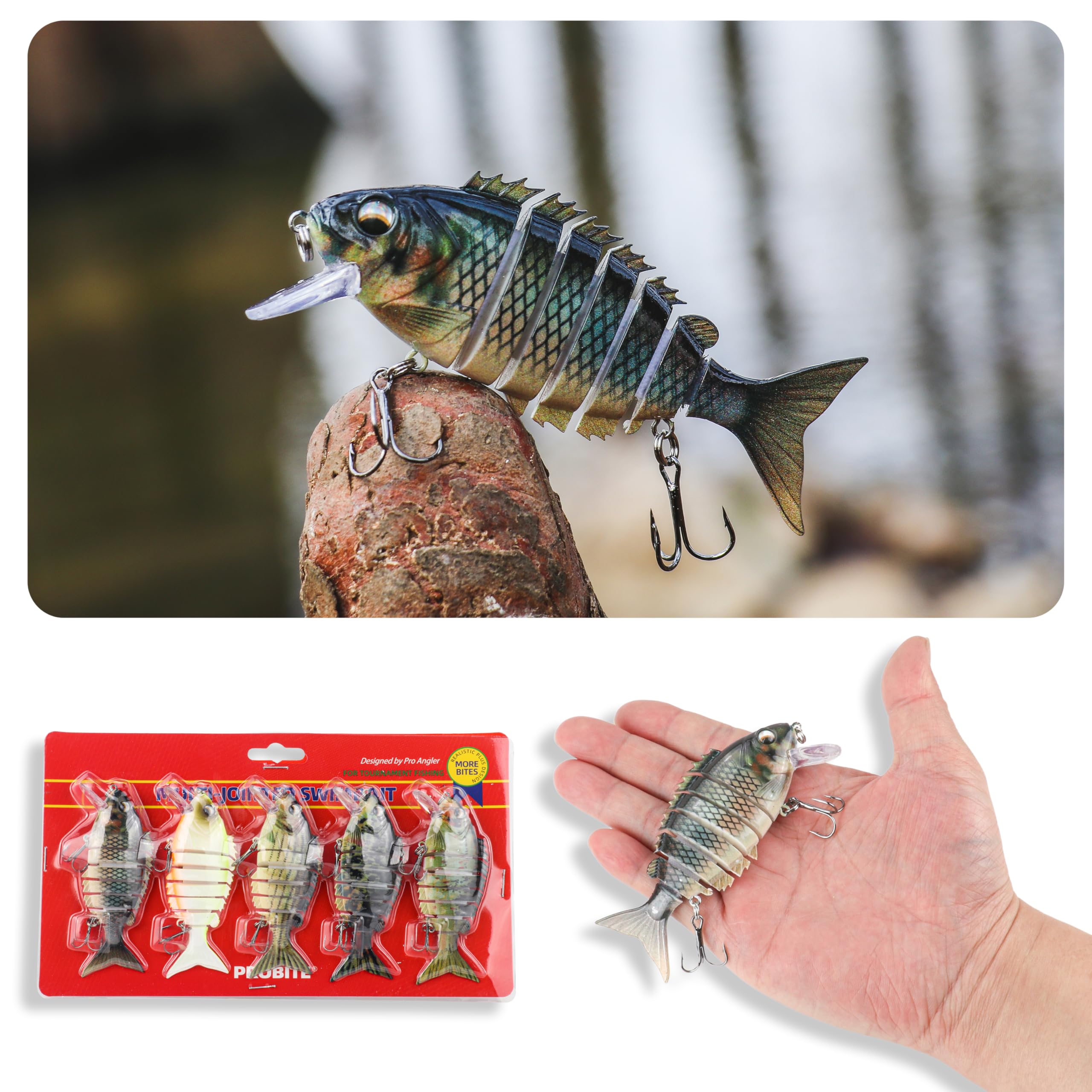 5 señuelos de pesca realistas: cebo multiarticulado para lubina, trucha, crappie, lucio, acción realista con ojos de pez 3D y ganchos afilados, perfecto para kits de pesca en agua salada y agua dulce