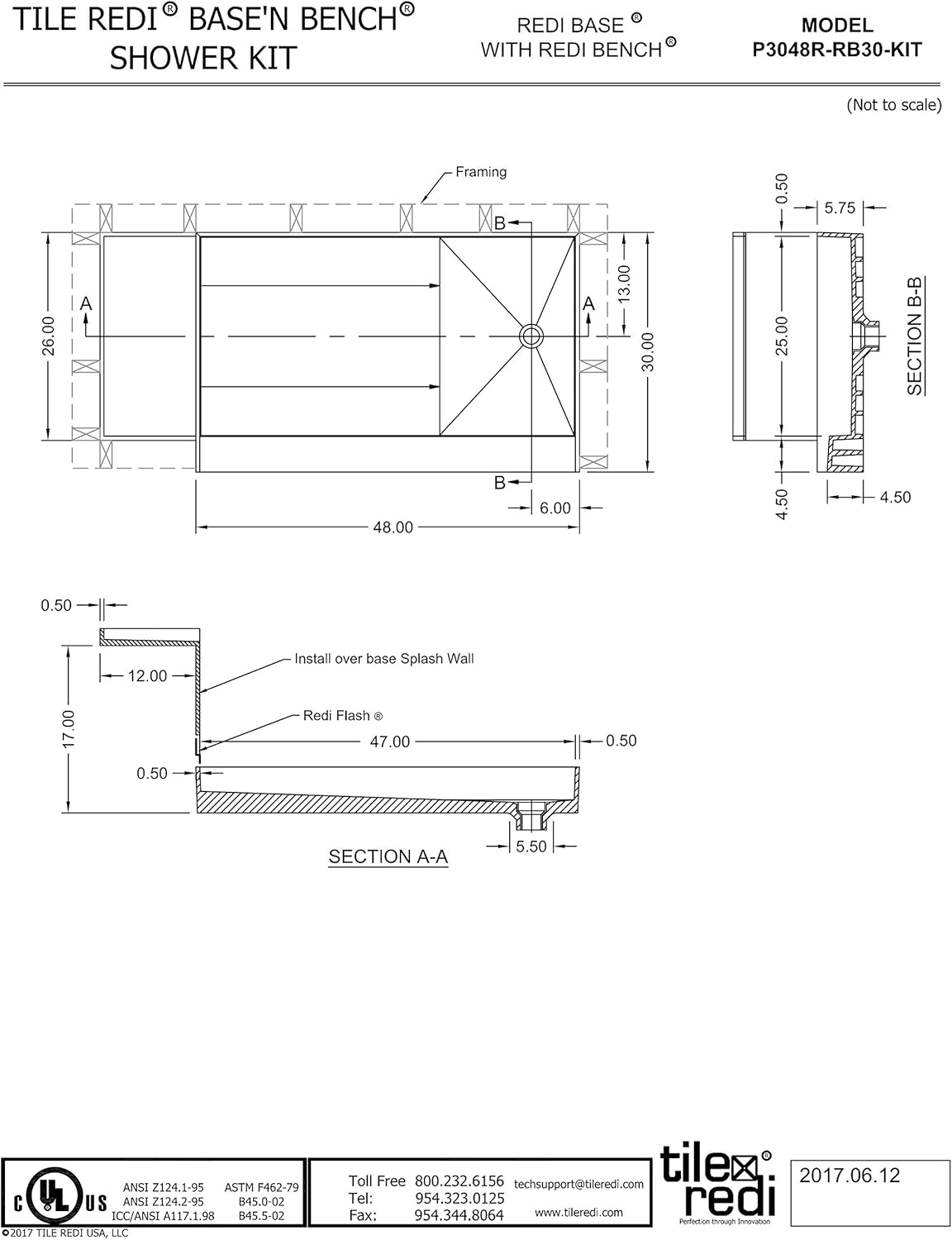 60-Inch Beige PVC Rectangle Shower Pan Base Kit with Integrated Seat