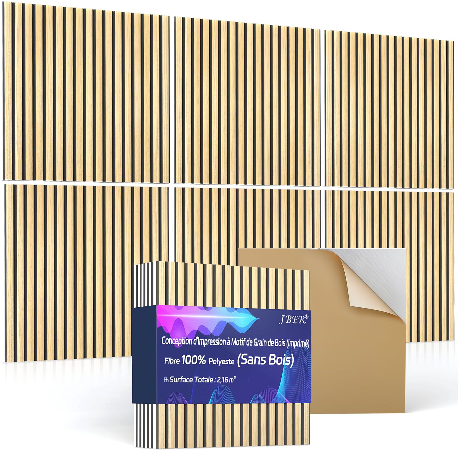 JBER Lot de 6 Panneaux Acoustiques Muraux, Mousse Acoustiques Autocollante pour Murs, Panneau Mural Decoratif (sans Bois), pour les Studios d'enregistrement, 60×60×1Cm, Chêne Naturel
