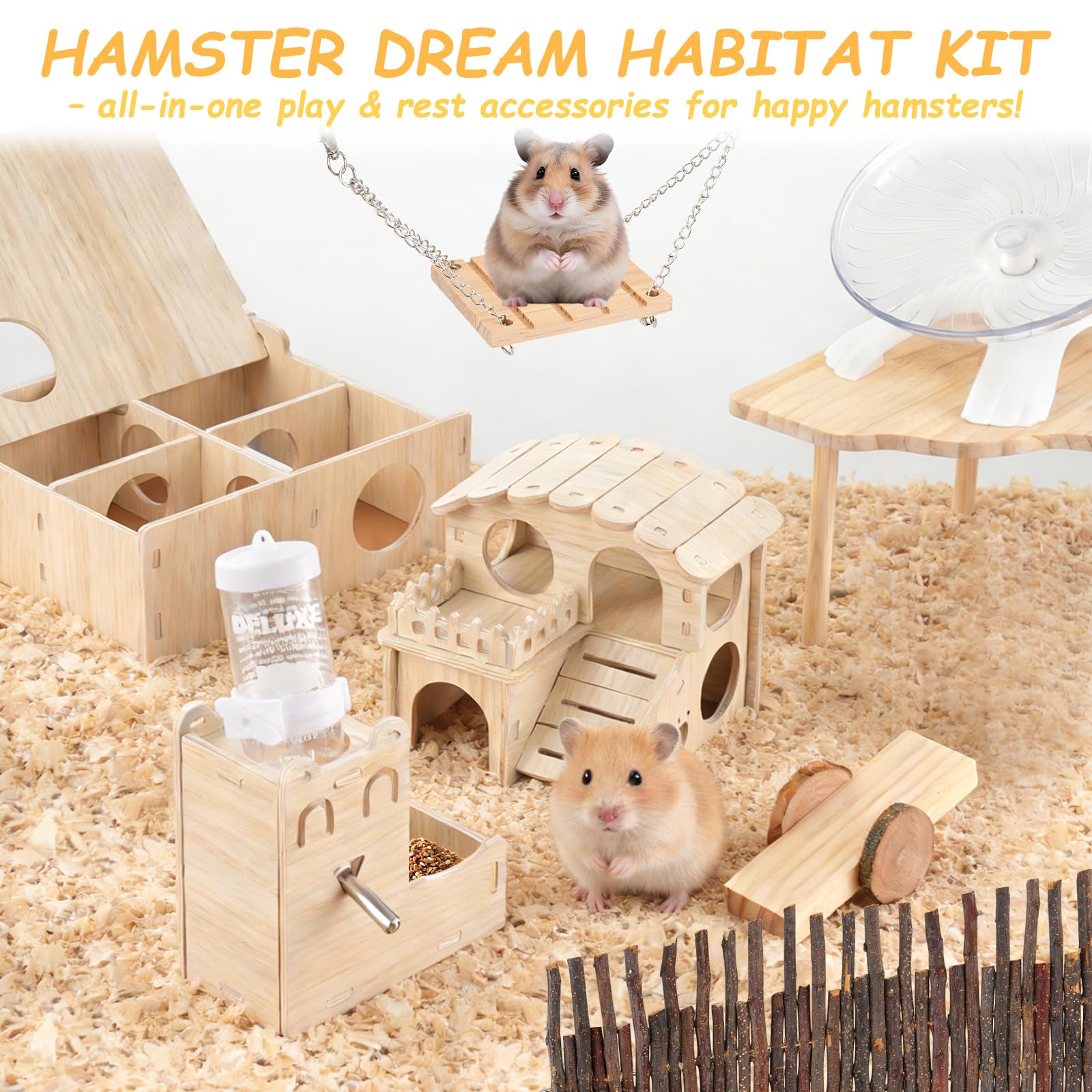 Hamsterspielzeug Komplettset - Geräuschloses lautloses Laufrad, Labyrinth-Holzhaus, Ständer, Kauspielzeug & Wasserflaschenkäfig-Zubehör für Hamster, Ratten, Mäuse, Kleintier-Lebensraum