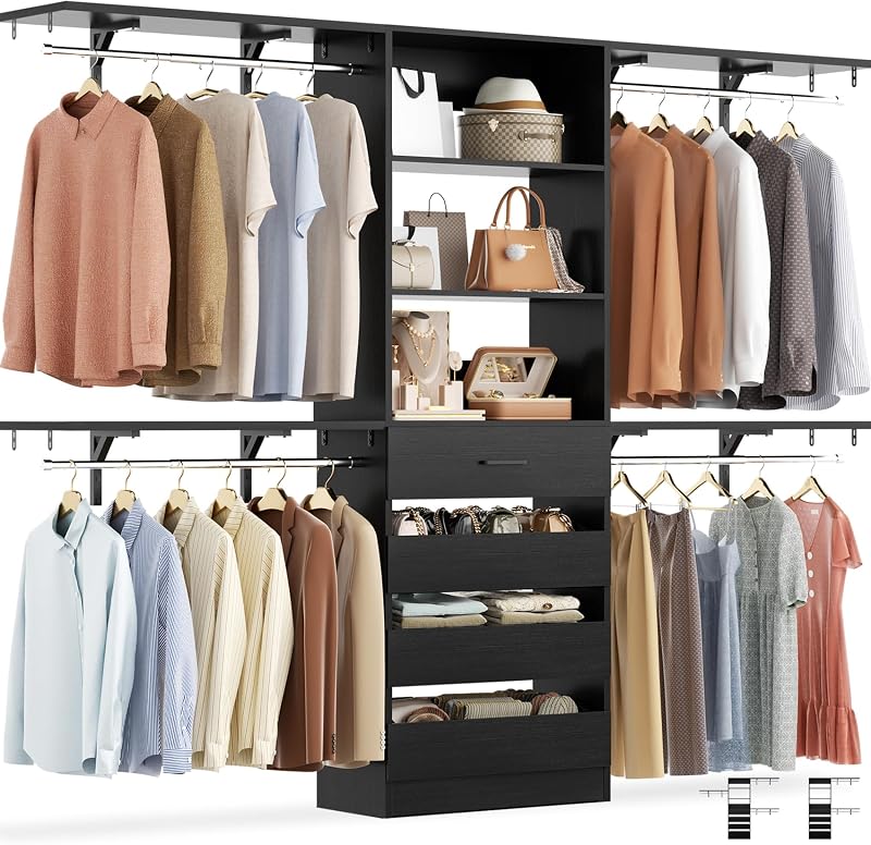 Closet System with 4 Drawers, 8FT Wood Closet Organizer System | 96" Closets Built In System Tower with Shelves & 4 Rods, Walk-in Closets Wardrobe Clothes Rack, Fits Spaces 4-9 ft, Black