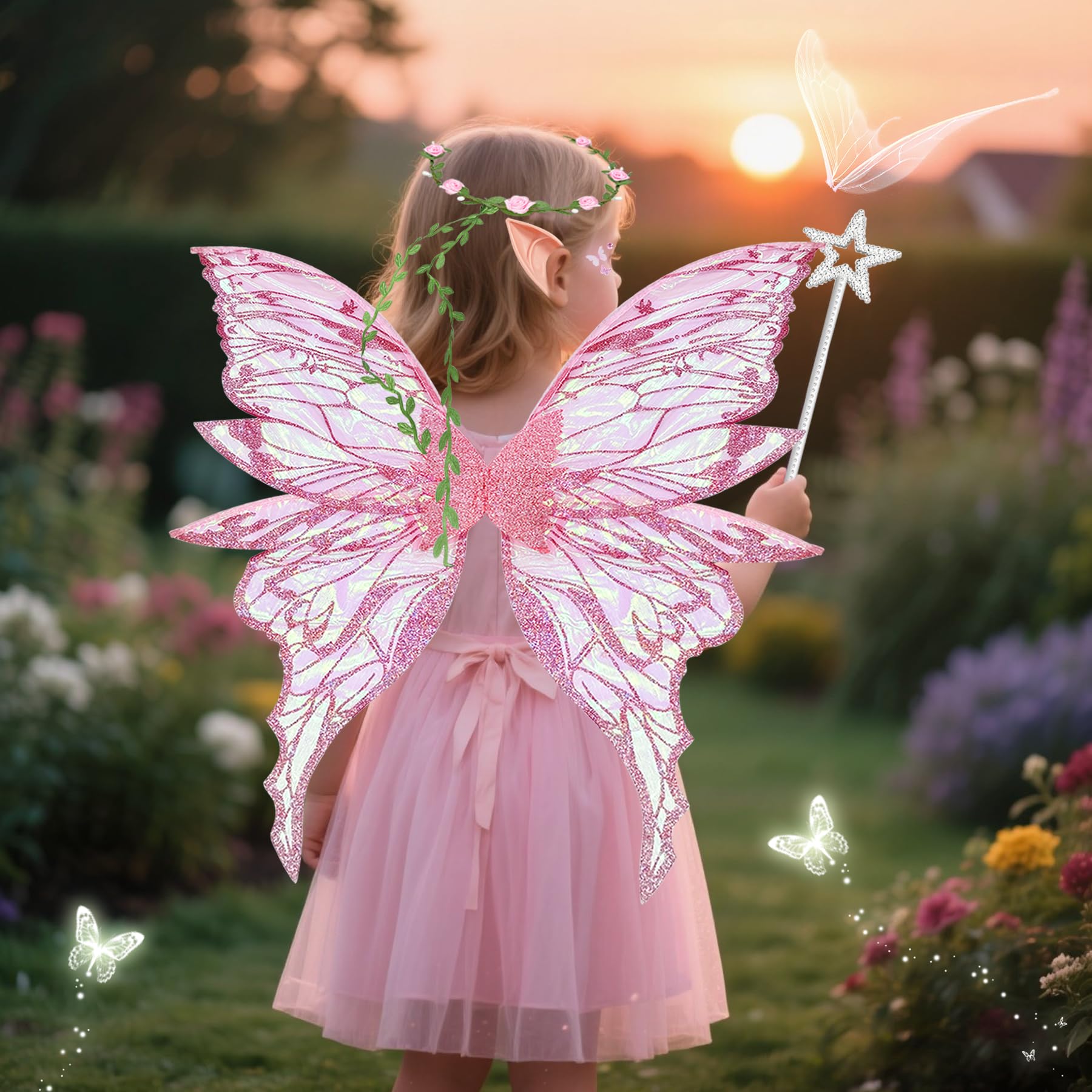YeahBoom Ali da Fata a Forma di Farfalla,Ali da Fata per Adulti e Bambini,Ali di Farfalla con Orecchie da Elfo,Cerchietto da Fata e Bacchette di Fata a Stella,Costume da ala Per Feste a Tema Carnevale