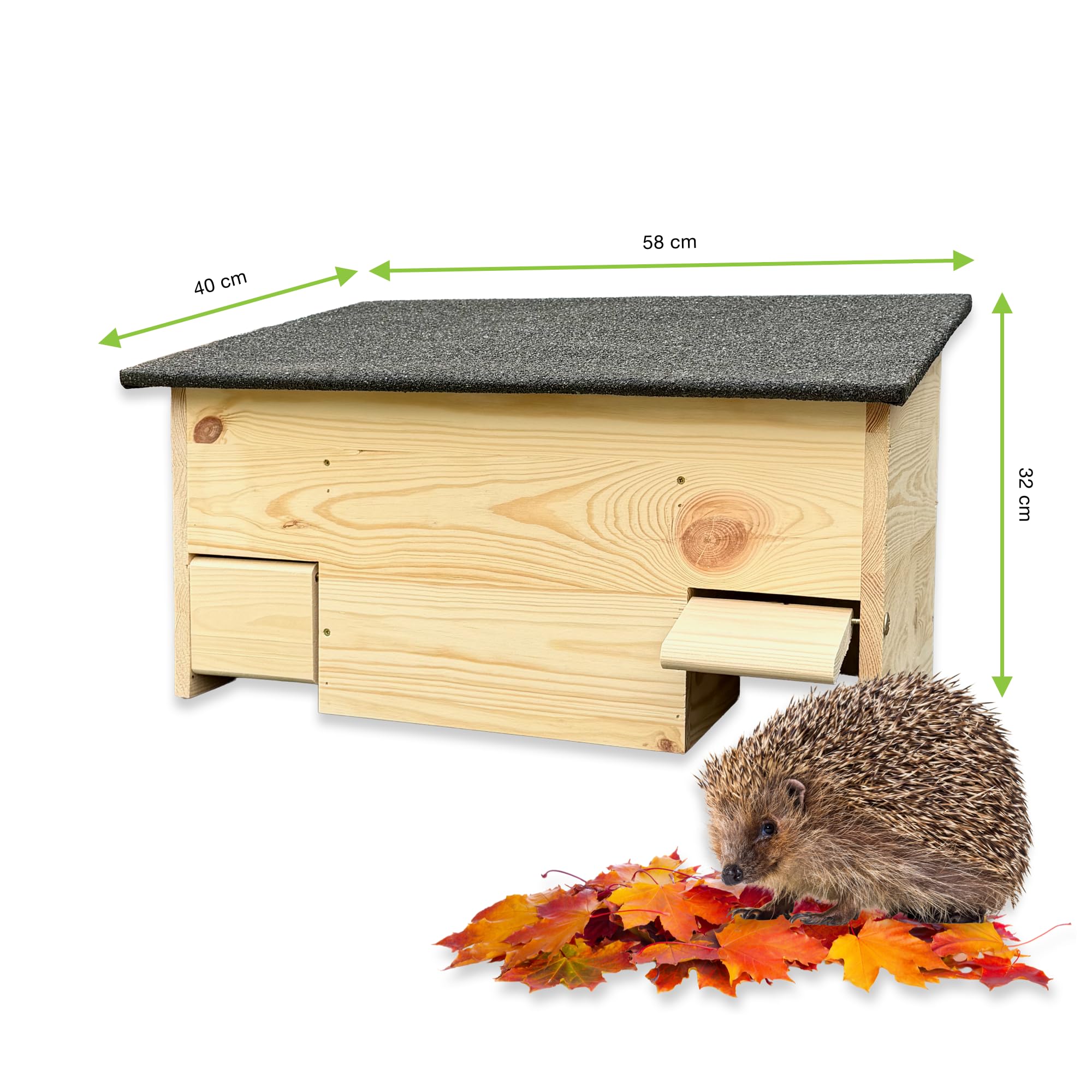 Igelfutterhaus mit Zwei Eingängen und Rattenklappen, Winterfest, Katzensicher, aus zertifiziertem Holz, produziert in Deutschland
