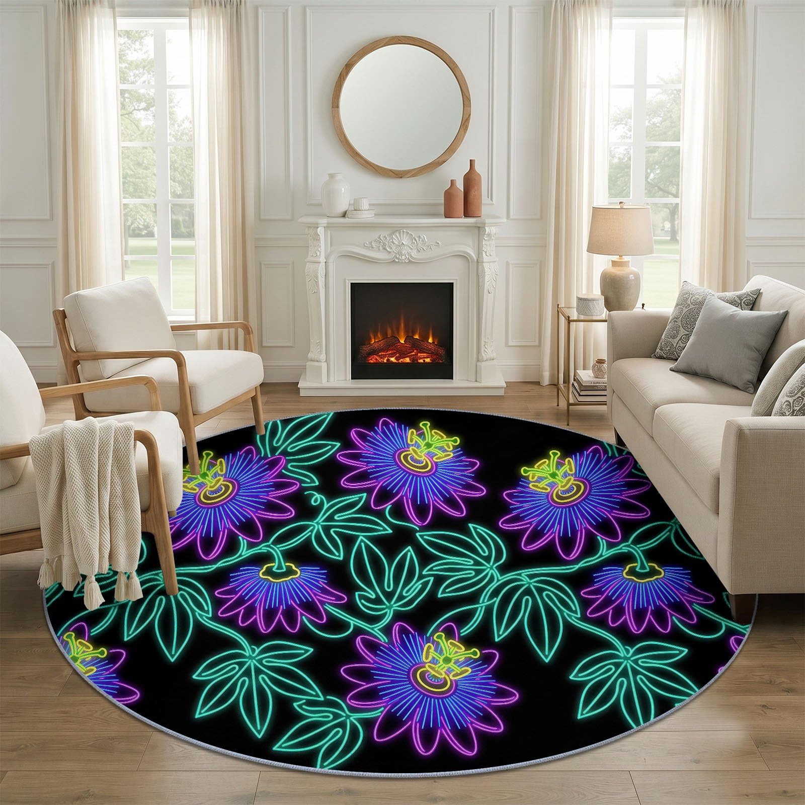 Tapis Rond Moderne Tropical 120 cm, Fleurs Feuilles Passiflore Néon Lavable en Machine pour Salon, Noir Multicolore Antidérapant, Poil Court Tapis Rond Imprimé pour Chambre d’Enfant Nurserie