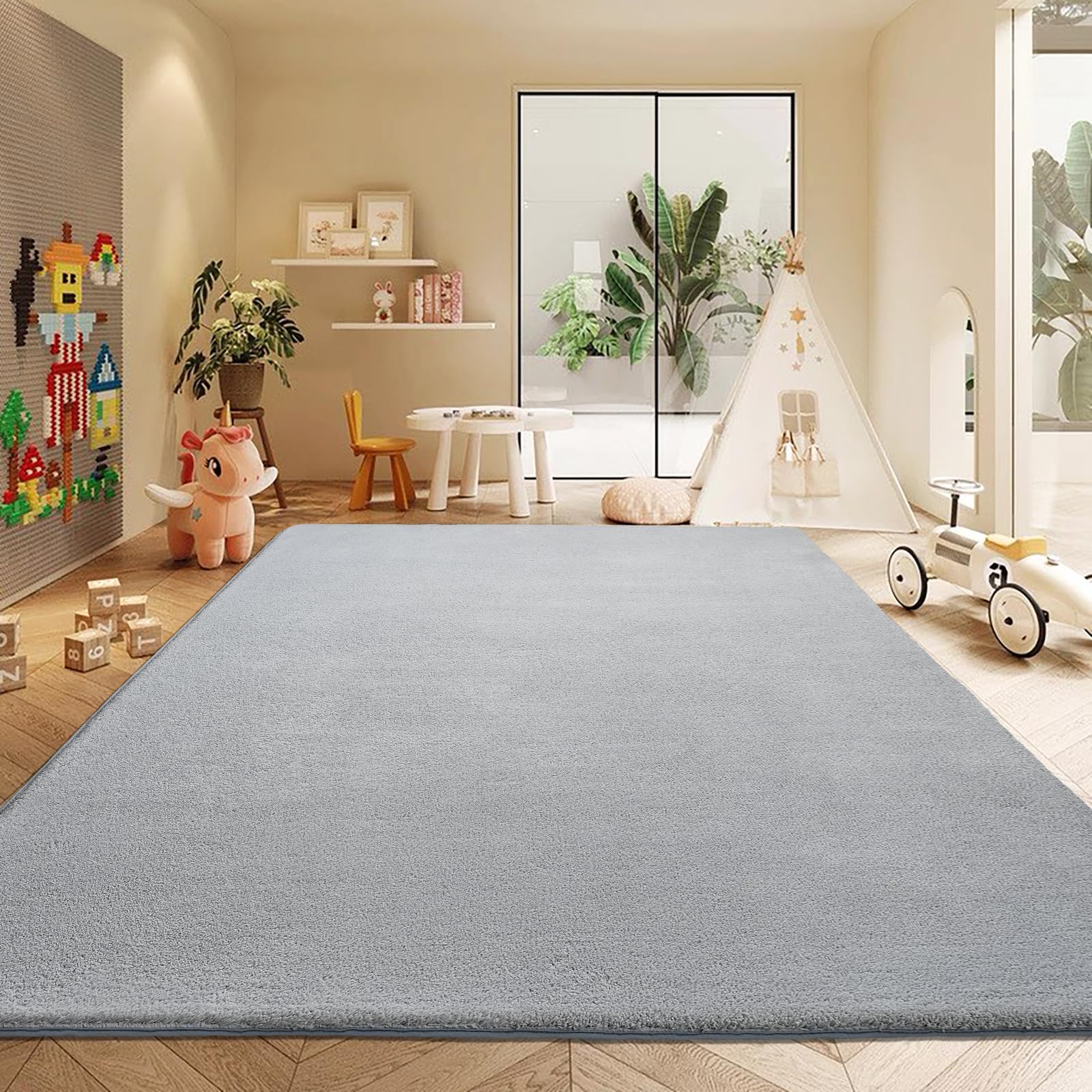 Alfombra de salón, 240 x 300 cm, lavable, para habitación infantil, niña, niño, dormitorio, gris, pelo corto, mullida, alfombrilla antideslizante (gris claro, 240 x 300 cm)