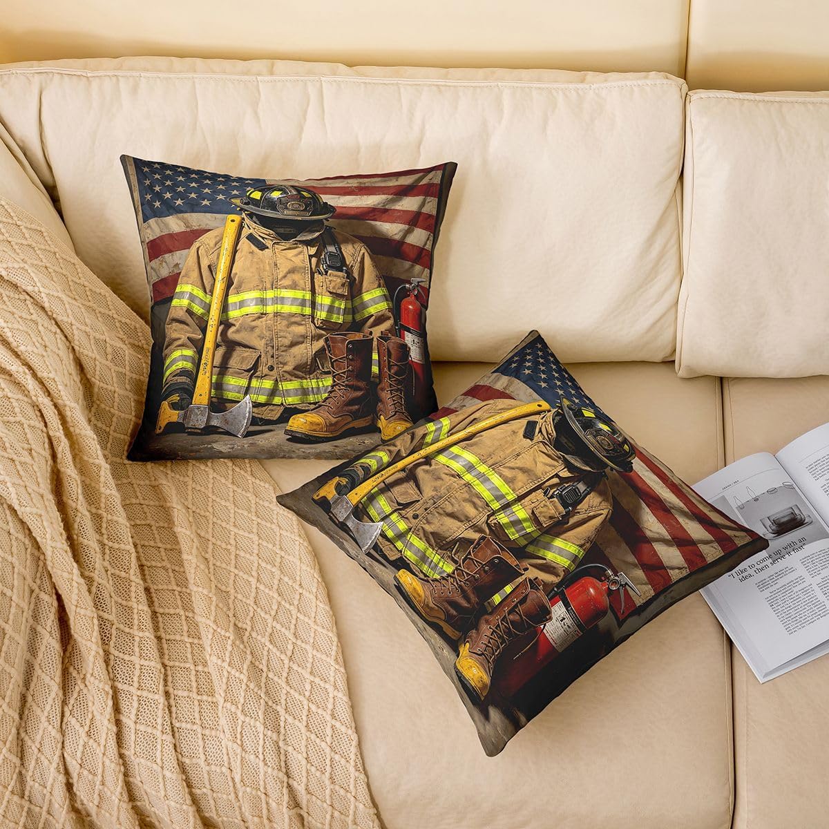 Feelyou Firefighter American Flag Throw Pillow Covers Set of 2 18"x18" image 2