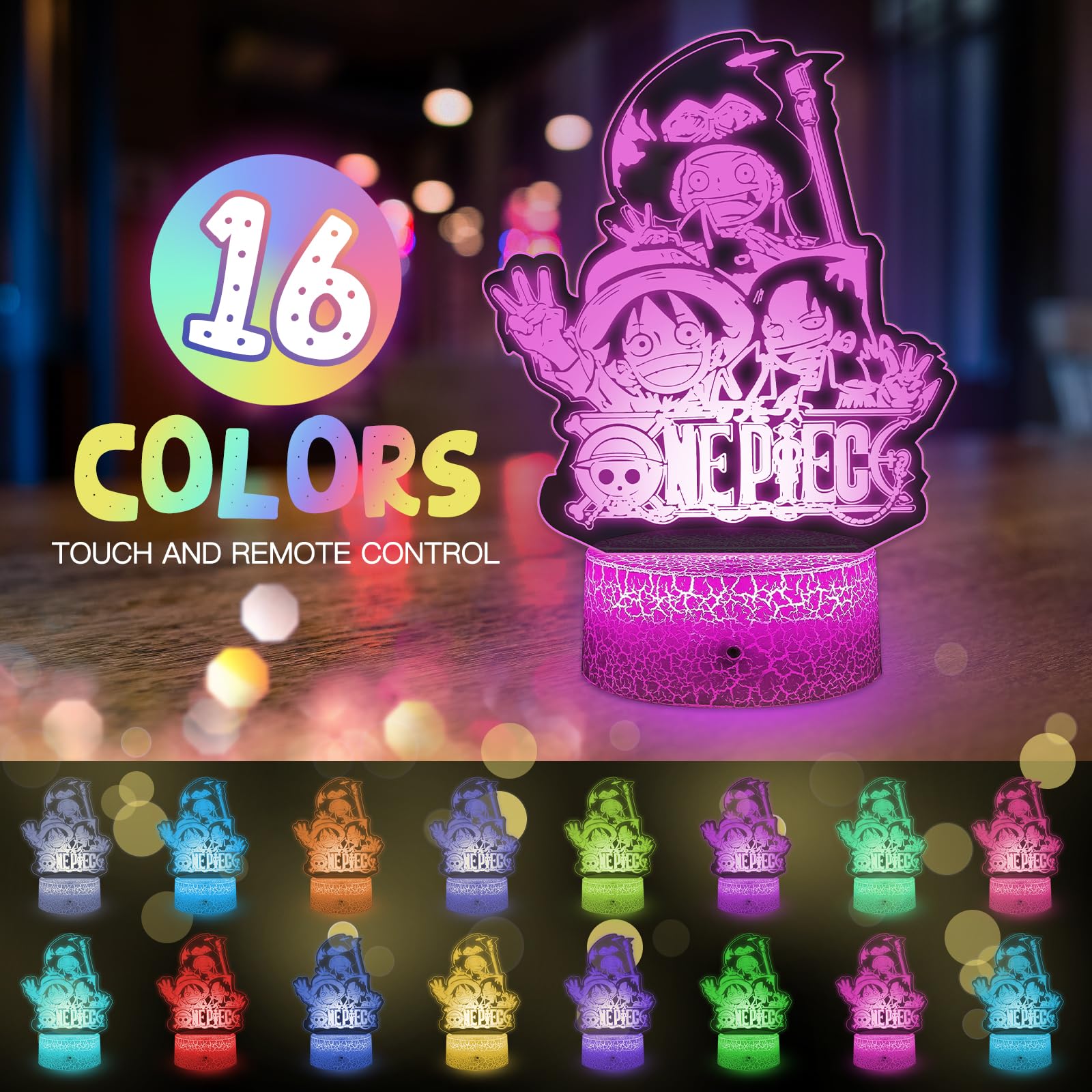 Lampada One Piece,Luce Notturna One Piece Luffy 2 in 1 - Lampe One Piece Manga Intelligente con telecomando a 3D LED 16 colori Idea Regalo di Natale One Piece Decorazione per la camera dei bambini