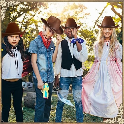 Miniatura 7 de Unittype Juego de 12 sombreros de vaquero para niños, sombrero de vaquera occidental y bandanas de poliéster para niños y niñas, disfraces de