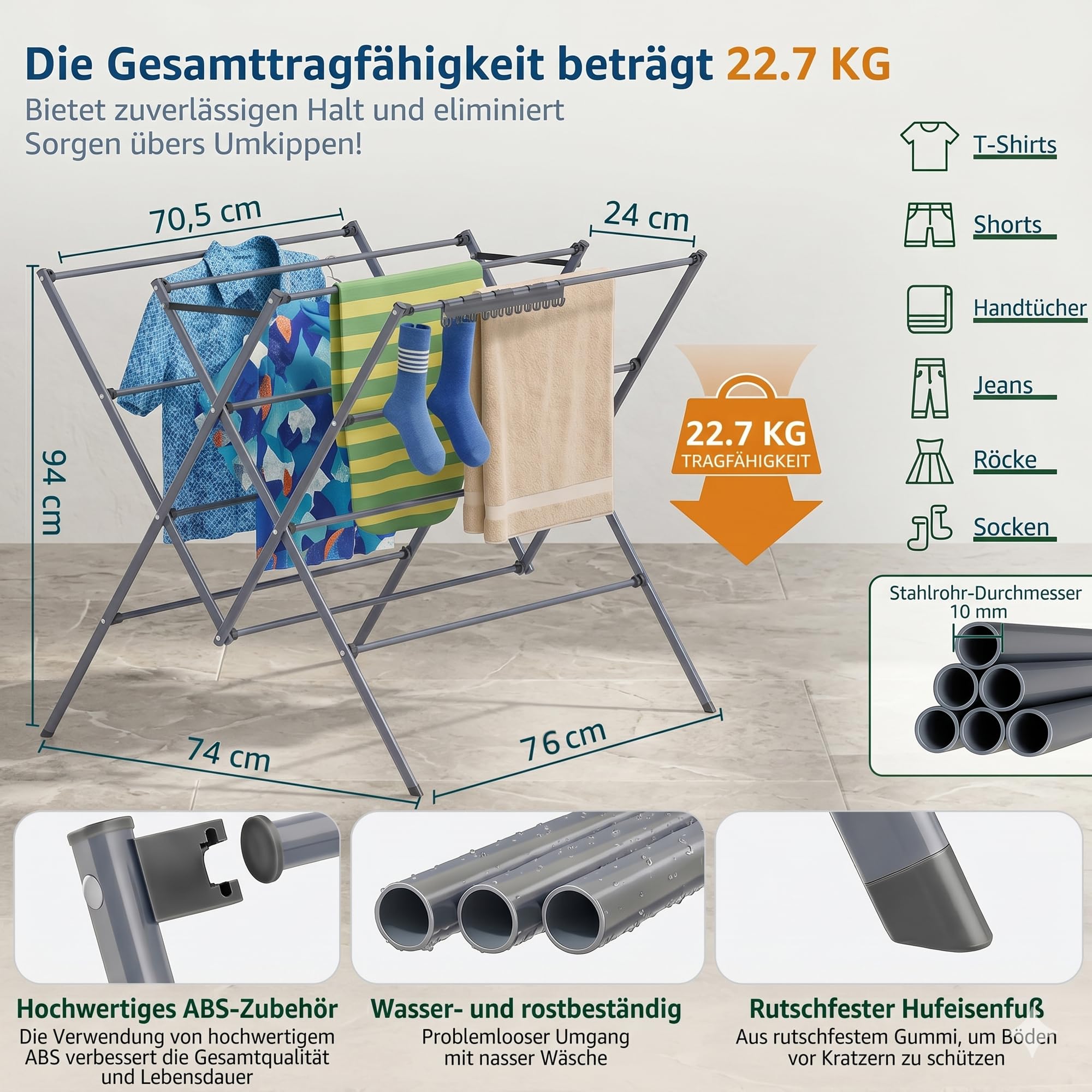 Wäscheständer Klappbar, Großer Wäschetrockner mit 12 Trockenstangen und Sockenhalter, Platzsparender Standtrockner für Innen und Außen, 22 kg Tragkraft, Leicht & Kompakt, Silber