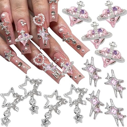 RODAKY 12 dijes plateados de Saturno Planet para arte de uñas, diamantes de imitación rosa, aleación 3D, forma de estrella de Saturno, suministros