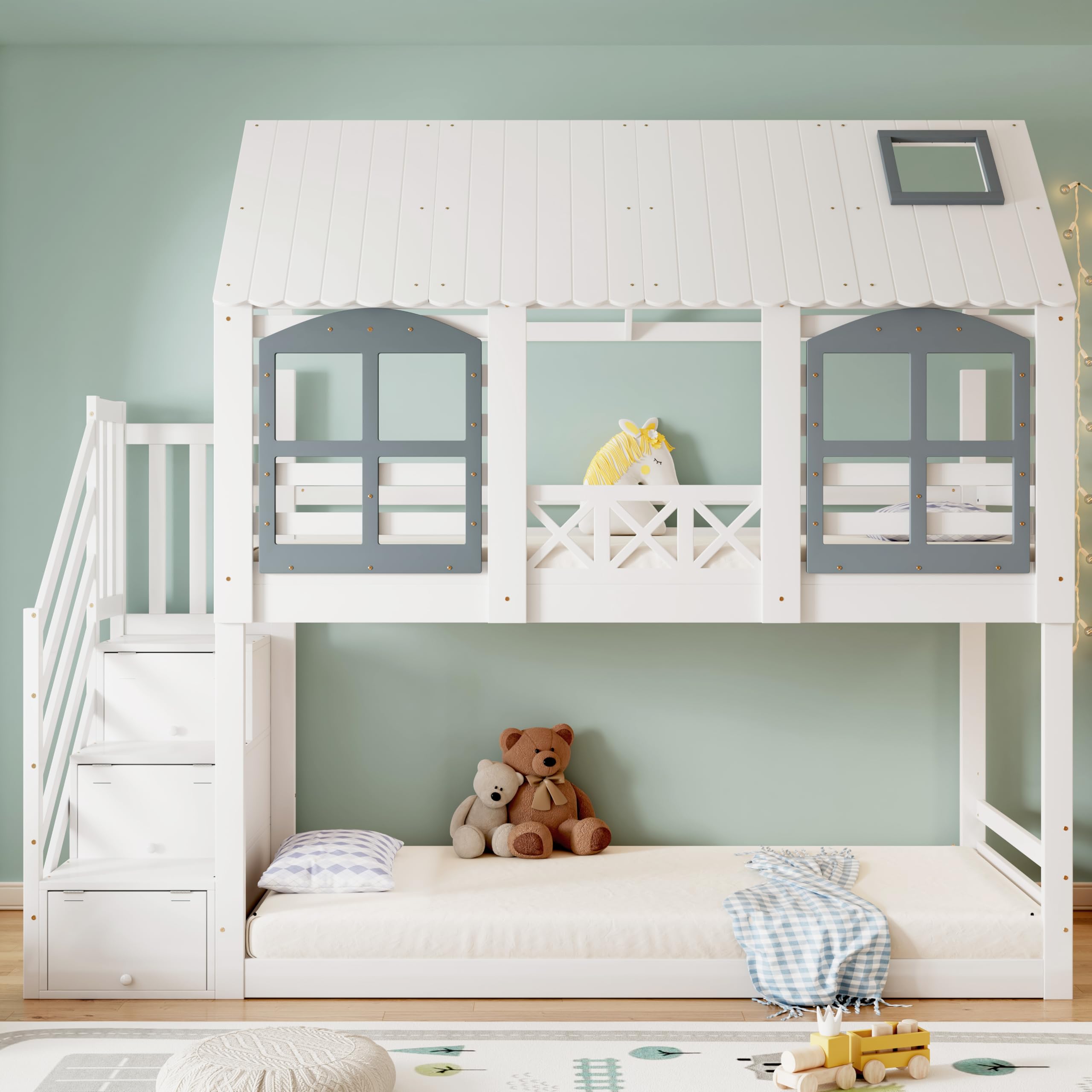 Merax Etagenbett 90x200cm Kinderbett Hochbett mit Rausfallschutz & Lattenrost Hausbett mit Dach Fenster Stauraumtreppe Weiß