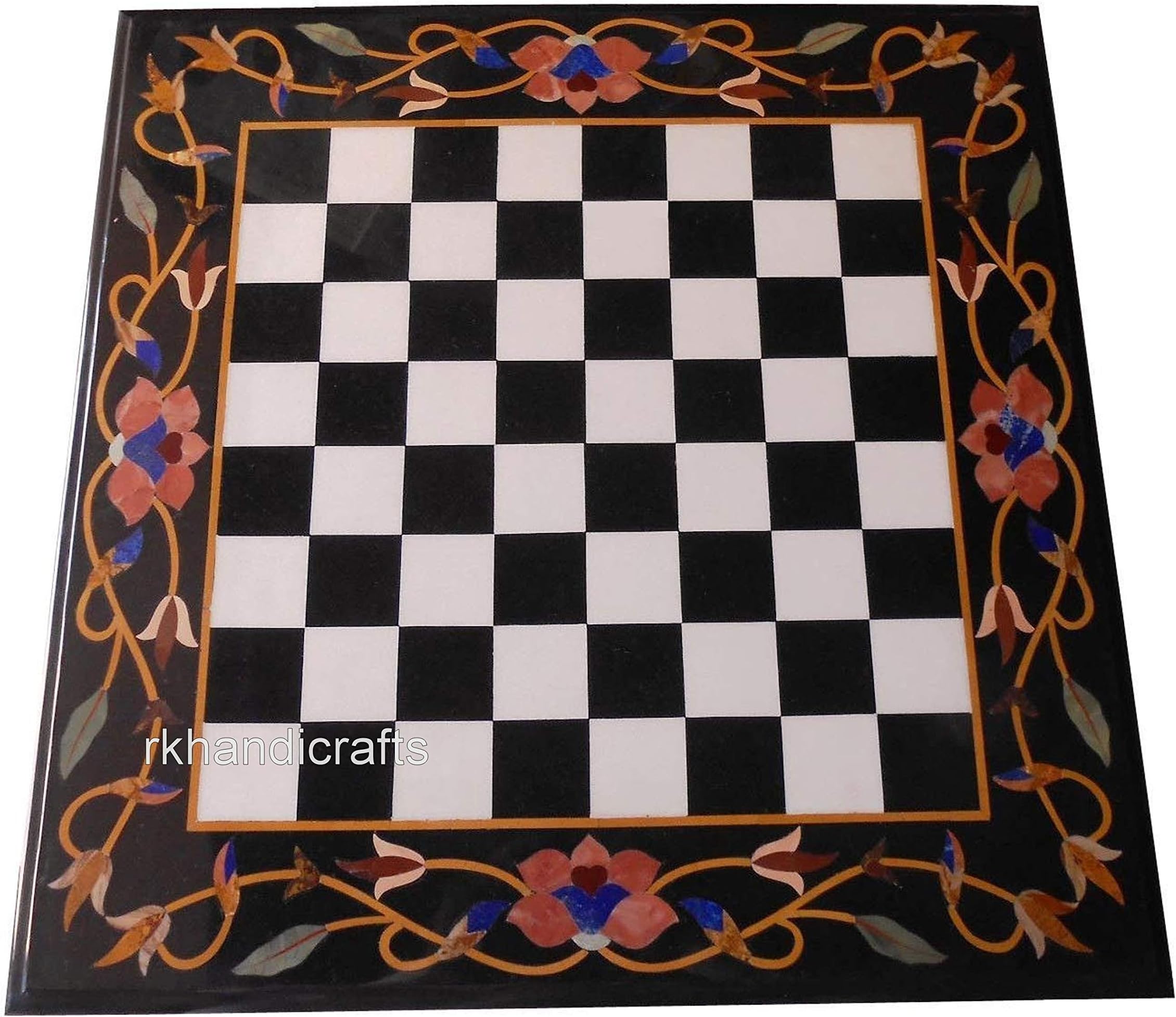 Black Marble Chess Table Top, Coffee Table Marquetry Art Floral Design Handmade from India 18 Inches