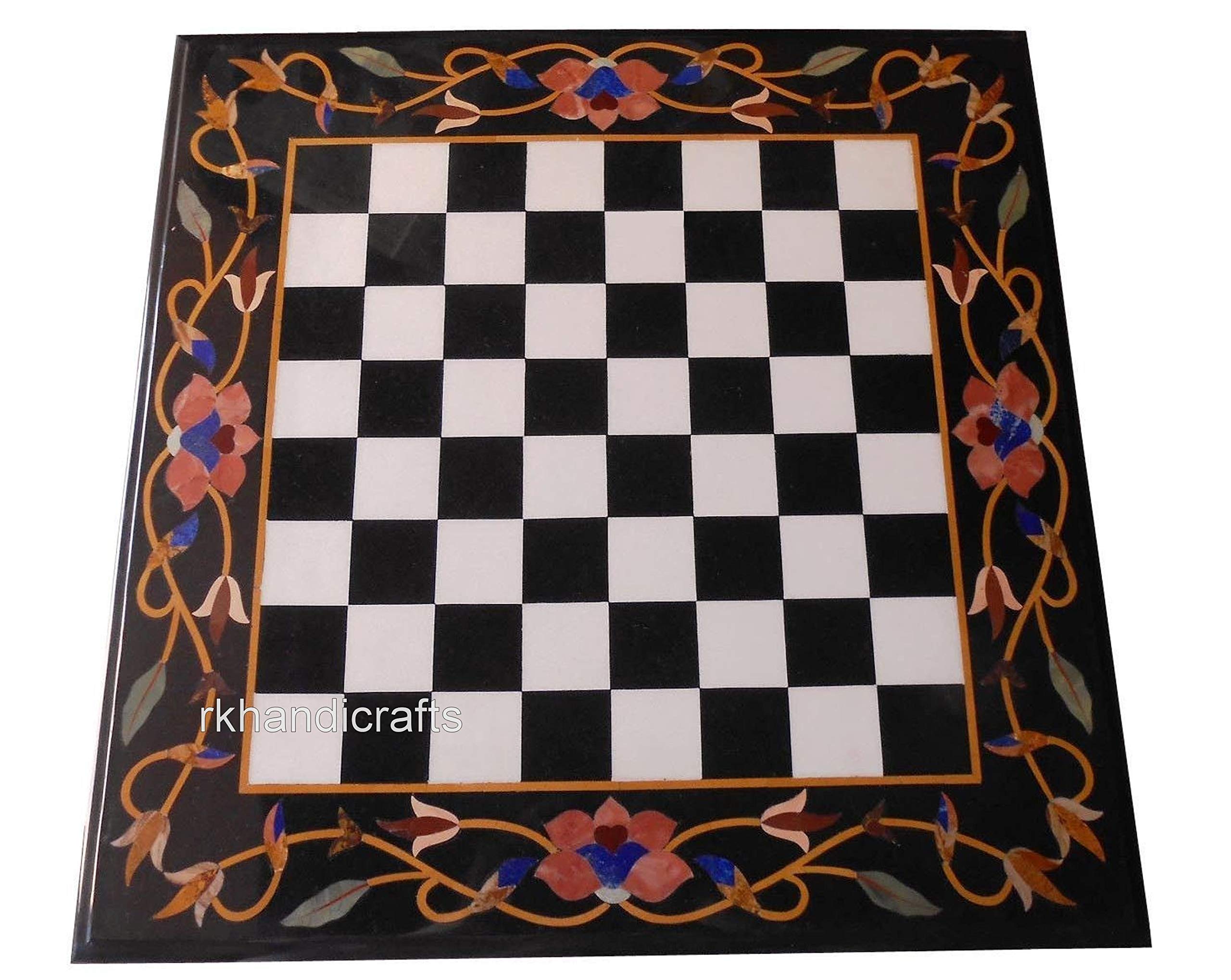Black Marble Chess Table Top, Coffee Table Marquetry Art Floral Design Handmade from India 18 Inches