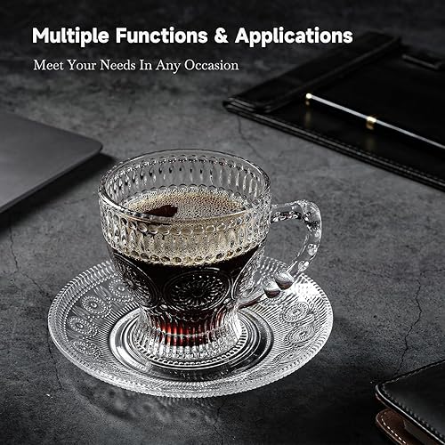 Miniatura 5 de Juego de 6 tazas de té y platillos de vidrio, tazas de café vintage con cuchara de acero inoxidable, aptas para lavavajillas y microondas, para jugo