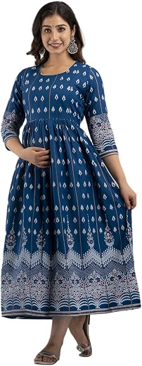 Devek Women’s Rayon Anarkali Maternity Dress Pregnancy Dress Easy Brest Feeding Dress with Both Side 9 inch Zipper