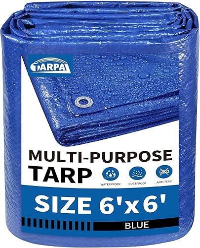 TARPAL Lona azul de 6 x 6 pies, impermeable de 5 mil lonas pequeñas, cubierta protectora multiusos, cubierta de lona de polietileno para leña,