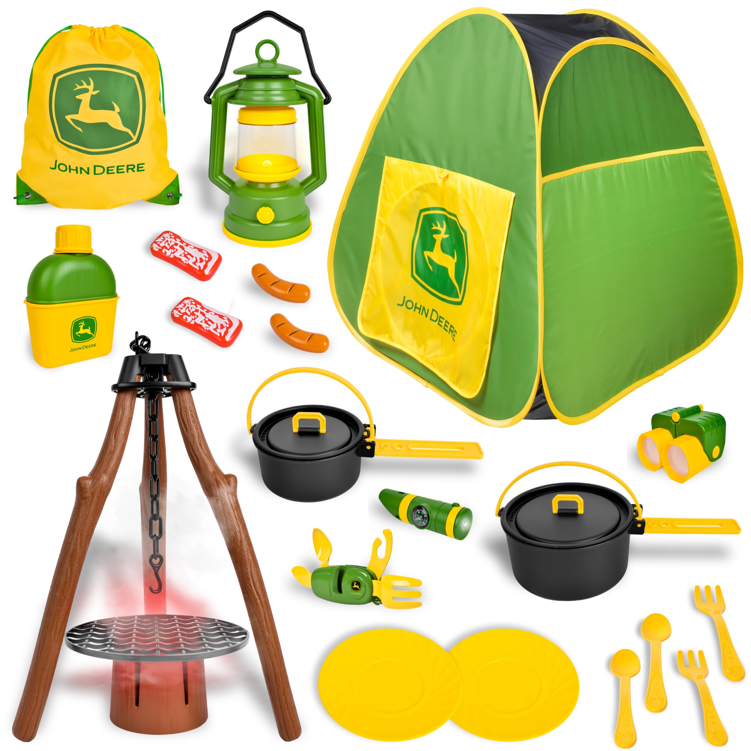 John Deere Tenda da campeggio pop-up, set da 18 pezzi, include mensa, piatti, utensili, cibo da gioco, pentole, binocoli, lanterna e torcia, giochi per interni ed esterni