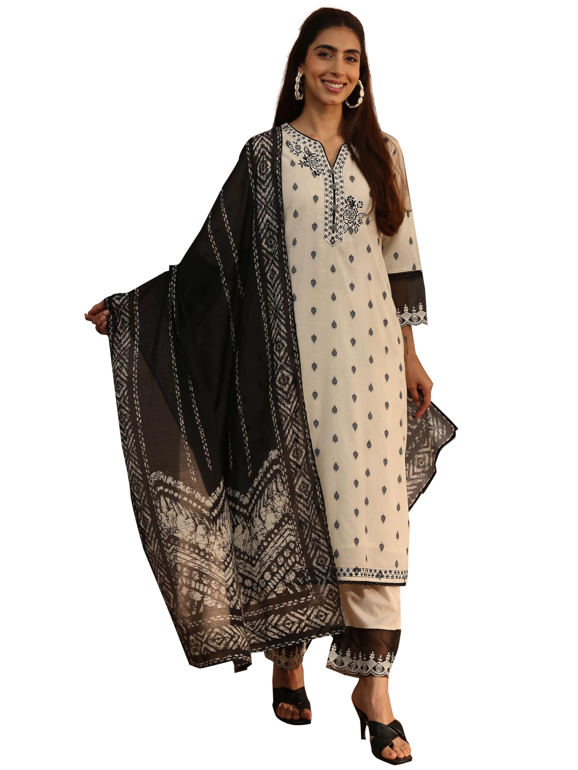 Self Design Cotton Blend Straight Kurta With Trouser and Dupatta-image-1