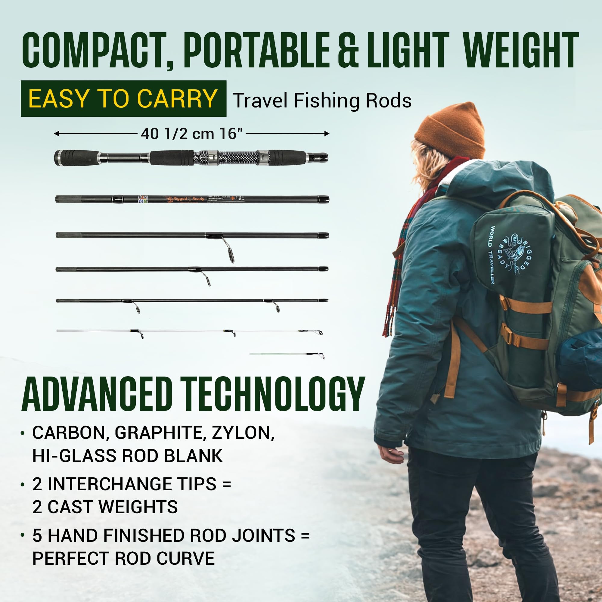 Rigged and Ready World Traveller Travel Fishing Rod Reel & Case Set Compact 6 Sections, 2 Tips 215 cm 7 Inches + 1.9 cm 6 Inches 2.5 cm Nano Carbon Fishing Rod Options Spin Bait Carp Pike Sea Fishing
