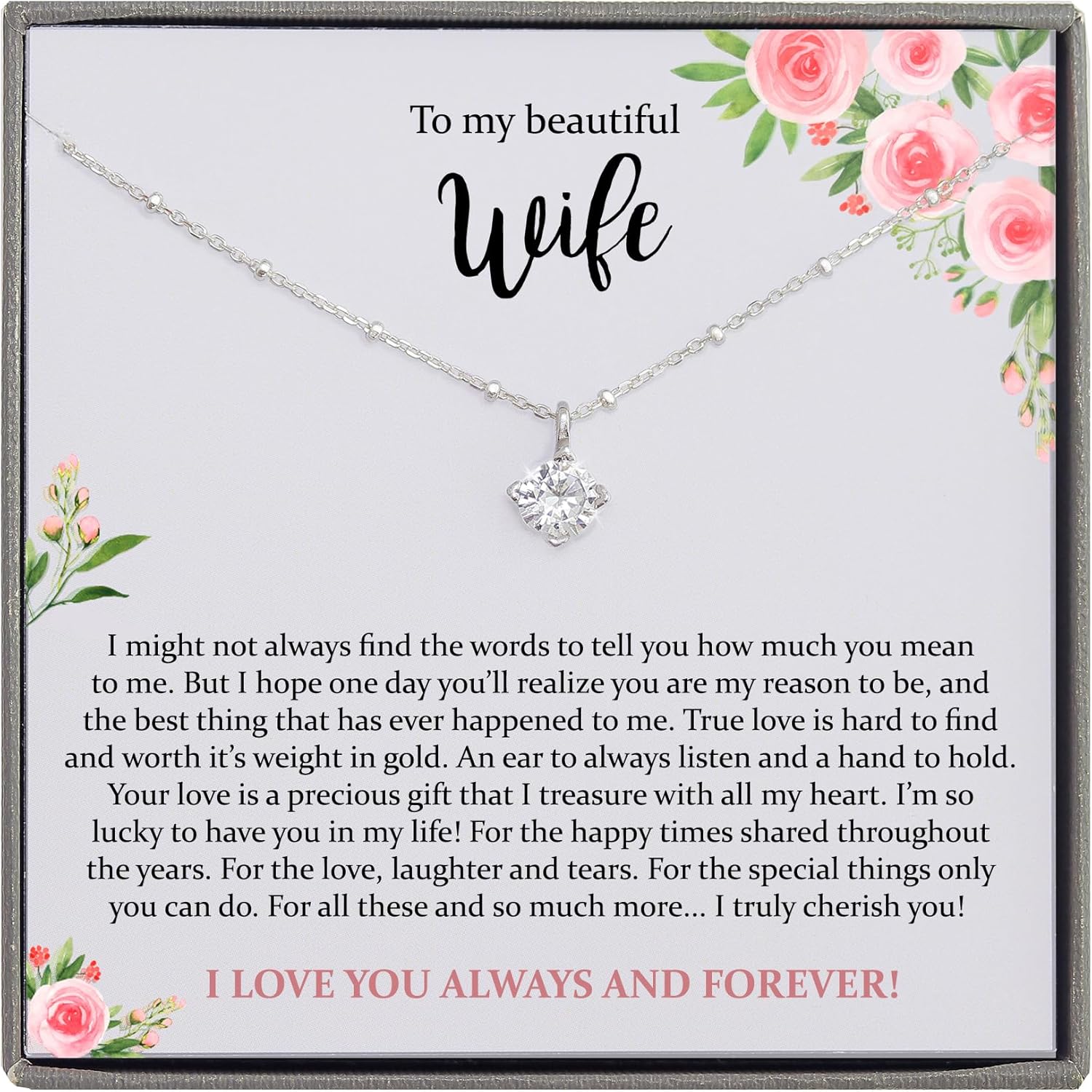 Be Wished Gift for Wife with Meaningful Message and Jewelry. Ready to Gift For Birthday, Anniversary, Valentines or Christmas (Silver CZ Diamond Necklace)